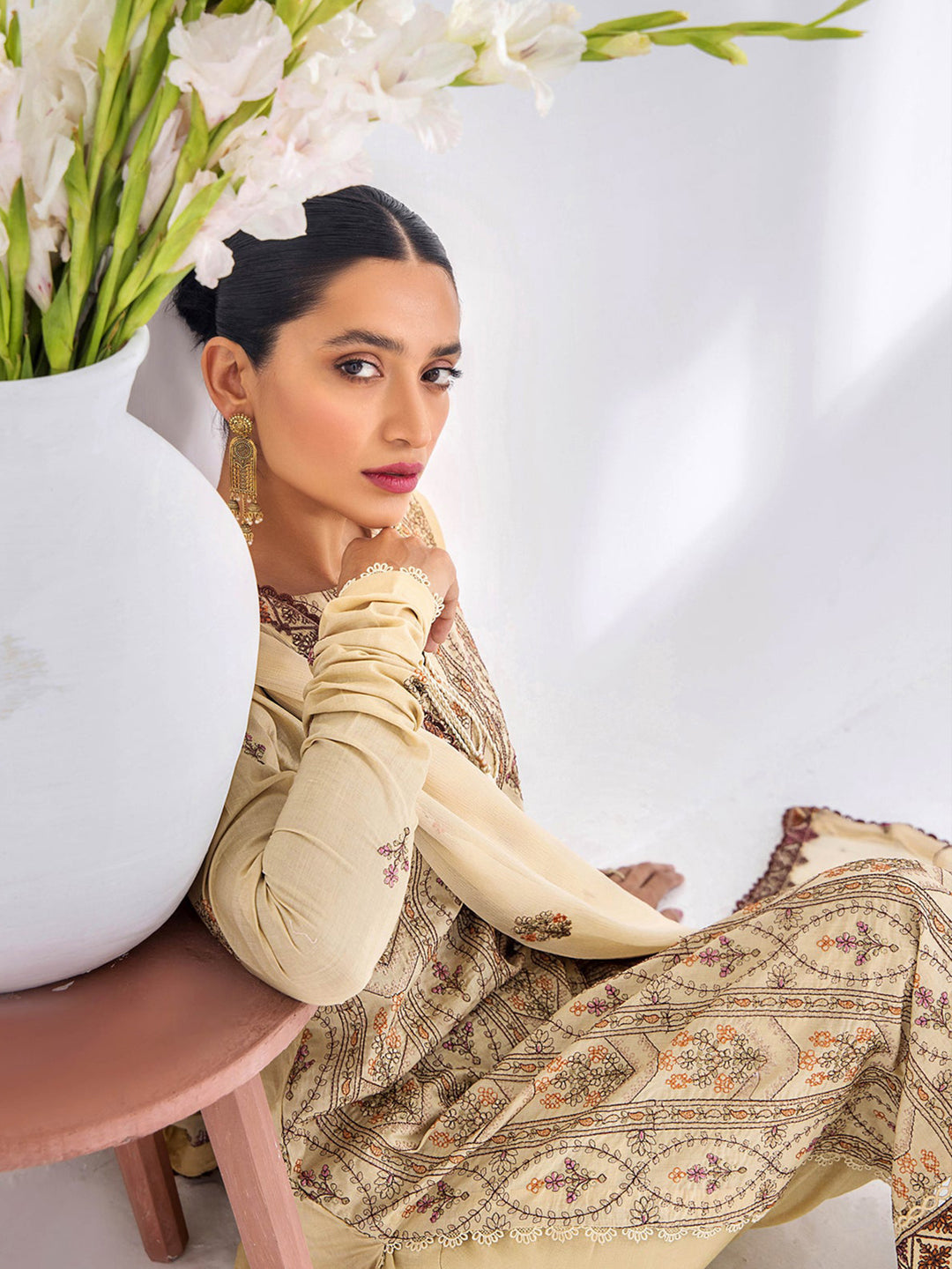 Elegant Beige Designer Heavy Semi-Stitched Pant Suit with Exquisite Embroidery | Formal Office Wear & Wedding Guest Outfit