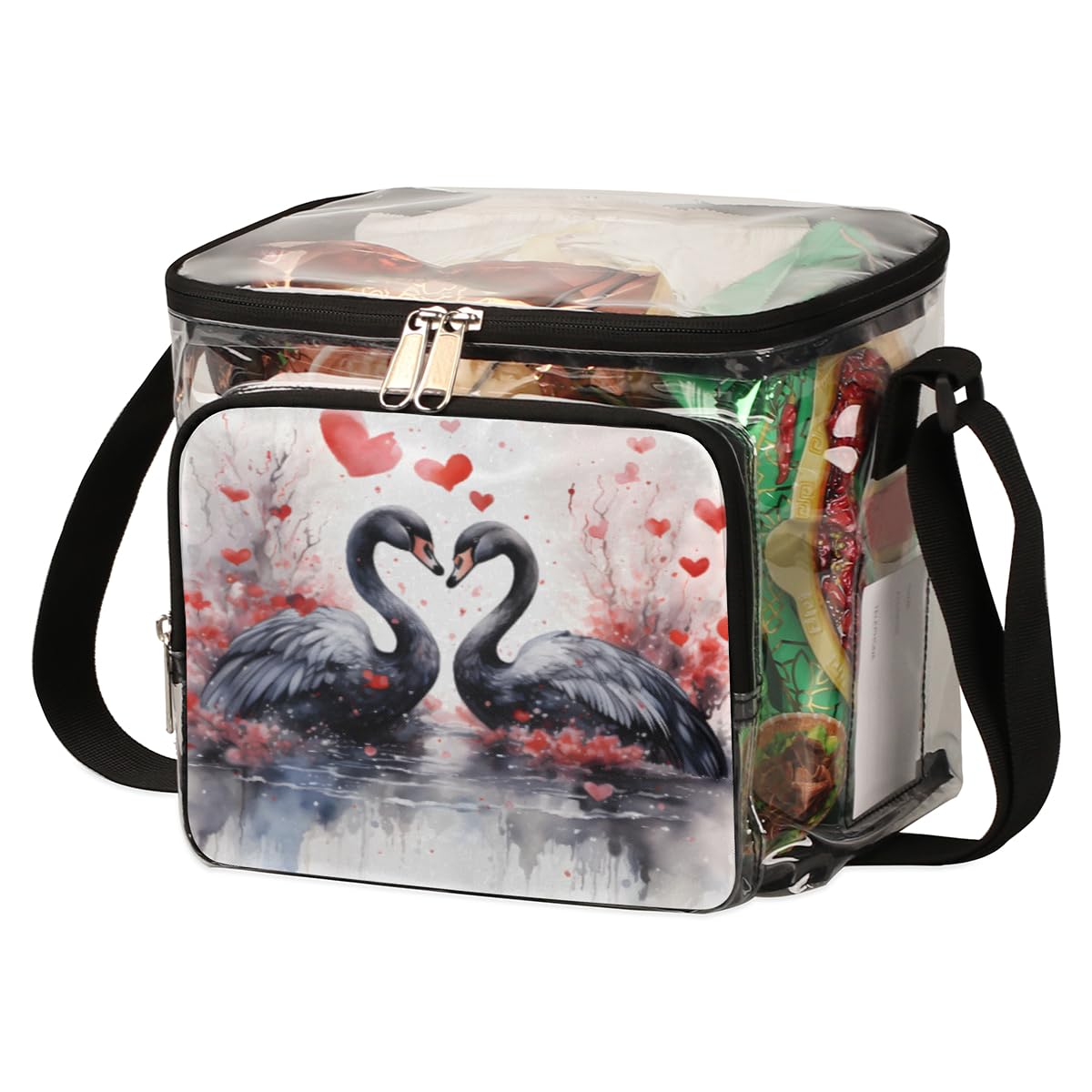 GzLeyigou Clear Heart Shape Tote Bag with Handles - Black Swan Transparent Crossbody Shoulder Bag for Lunch, Travel & Outdoor Activities | Perfect for Picnics, Concerts, Sports Events & Stadium Approved | Fashionable & Functional Carryall for Women