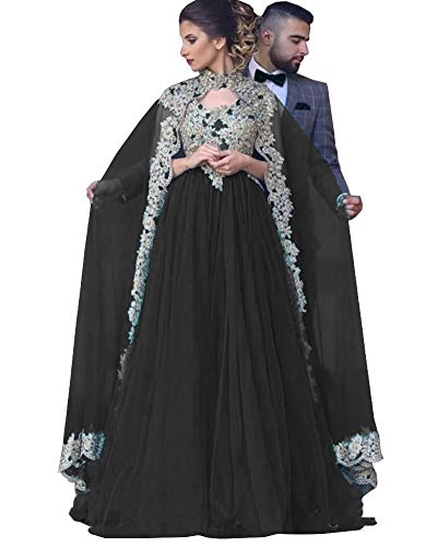 QBEBRIDAL Women's A-Line Gold Lace Applique Sleeveless Prom Gown with Cape - Elegant Evening Dress for Homecoming, Wedding Guest, Pageant & Formal Events