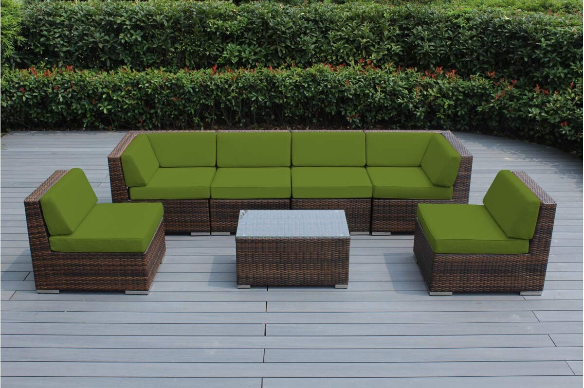 Ohana 7-Piece Outdoor Patio Furniture Sectional Conversation Set - Mixed Brown Wicker with Peridot Cushions, No Assembly Required + Free Patio Cover - Perfect for Backyard, Garden, Poolside & Patio Relaxation