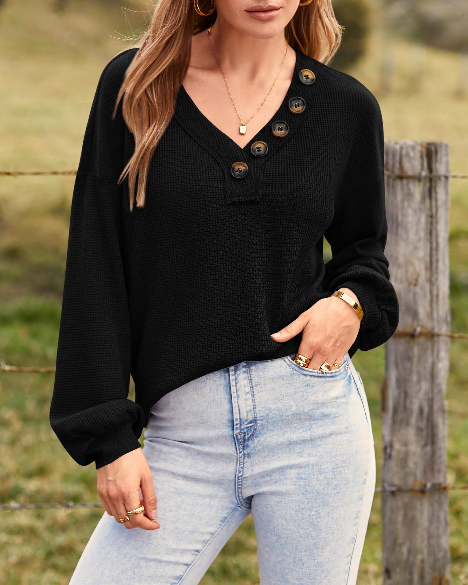 BTFBM Women's Long Sleeve V-Neck Blouse - 2025 Fall Fashion Loose Casual Pullover Top with Decorative Buttons & Lightweight Waffle Knit Fabric | Perfect for Office Wear, Autumn Layering and Weekend Outfits