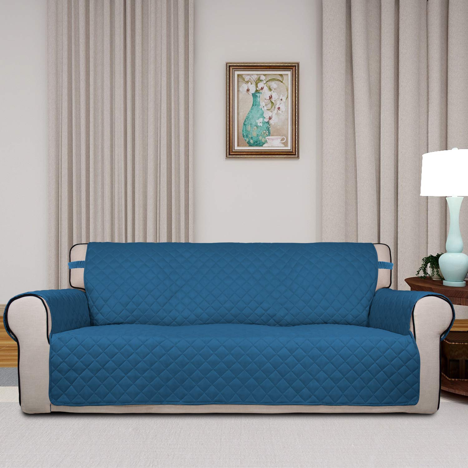Reversible Quilted Sofa Cover - Water Resistant Slipcover Furniture Protector with Non-Slip Elastic Straps | Washable Couch Cover for Kids & Pets | Perfect for Living Room, Family Room & Pet-Friendly Homes (Peacock Blue/Beige)