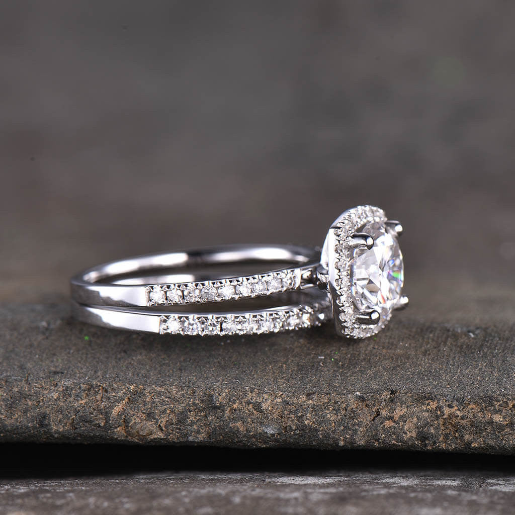 1.5 Carat 6.5mm Cushion Cut Diamond Halo Moissanite Engagement Ring Set in 14K White Gold - Perfect for Proposals, Weddings & Anniversary Gifts