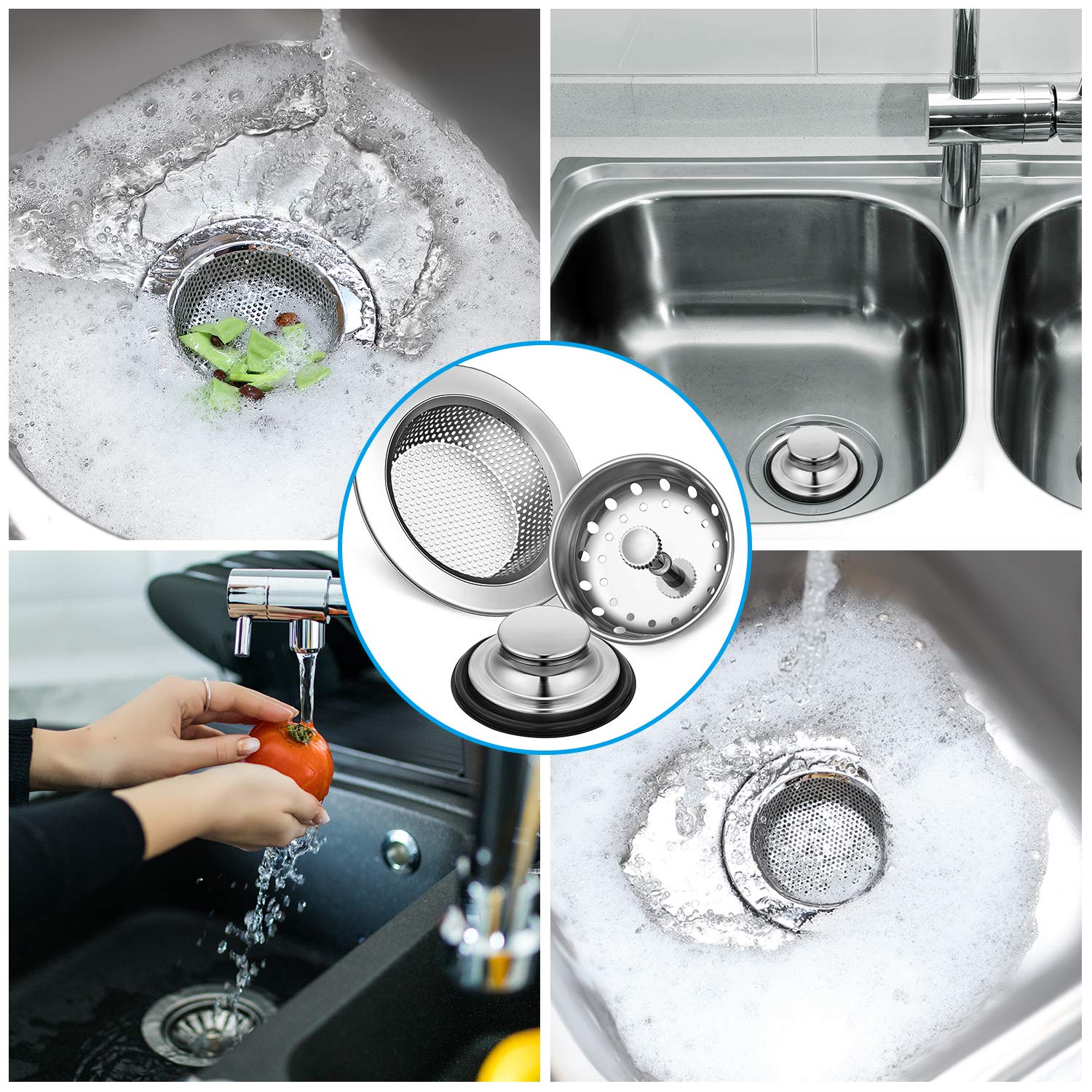 Premium 3-Piece Stainless Steel Kitchen Sink Drain Strainer & Stopper Set with Handle - Universal Anti-Clogging Sink Filter for Garbage Disposal - Silver (Perfect for Daily Dishwashing & Food Prep)