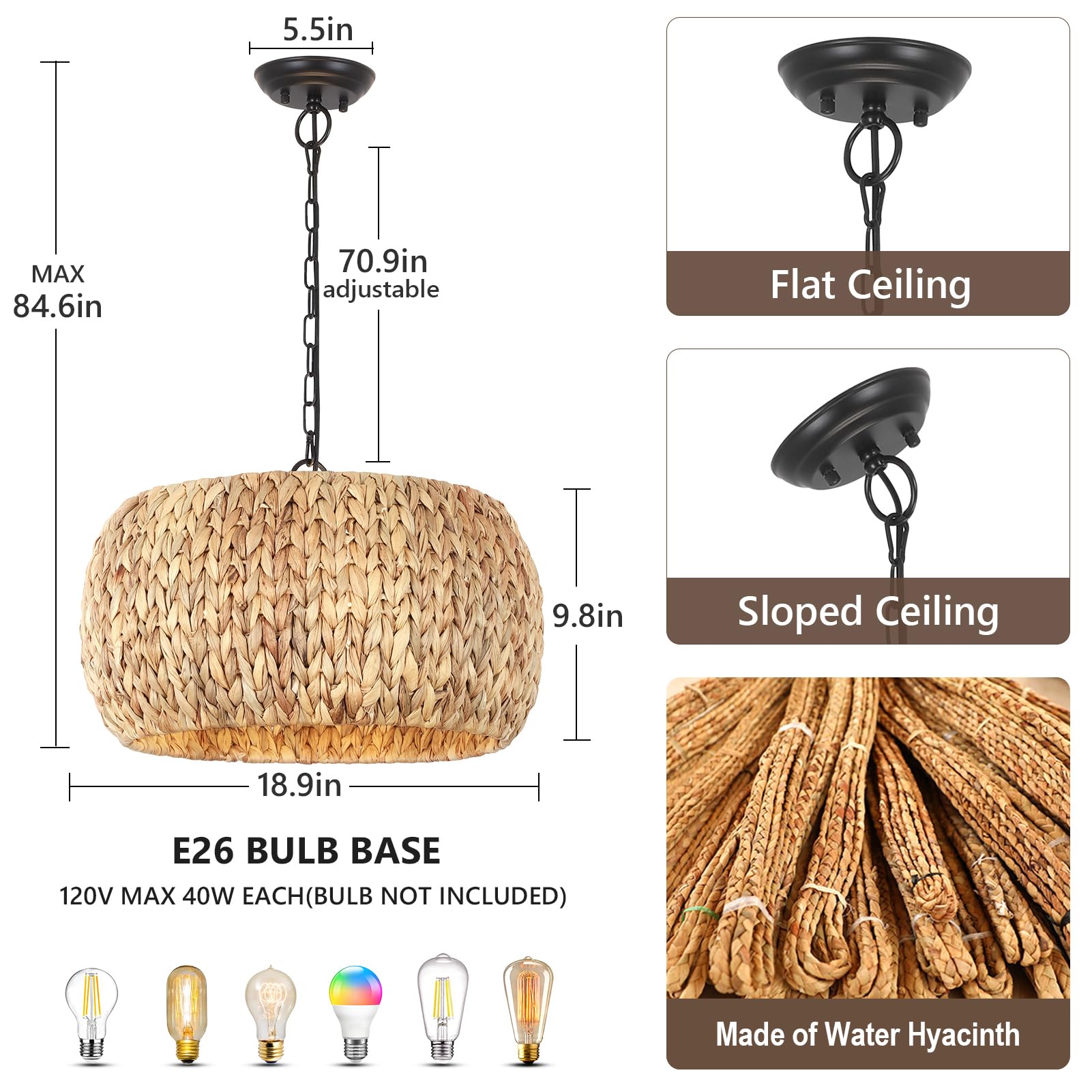 Rustic Farmhouse Boho Chandelier - 5-Light Rattan Pendant Light with Natural Water Hyacinth Lampshade - Perfect for Dining Room, Kitchen Island Lighting, Bedroom & Living Room Decor - Creates Cozy Boho Ambiance for Home & Cafe