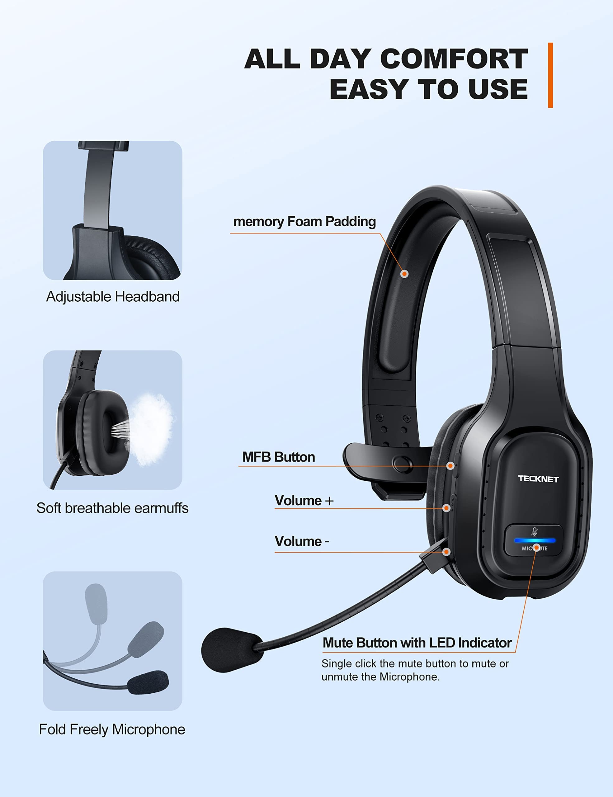TECKNET Trucker Bluetooth Headphones with Microphone - Wireless On-Ear Headset with Noise Cancellation, Hands-Free for Cell Phone, Computer, Office, Home & Call Center - Perfect for Skype Calls, Driving, and Work from Home (Black)