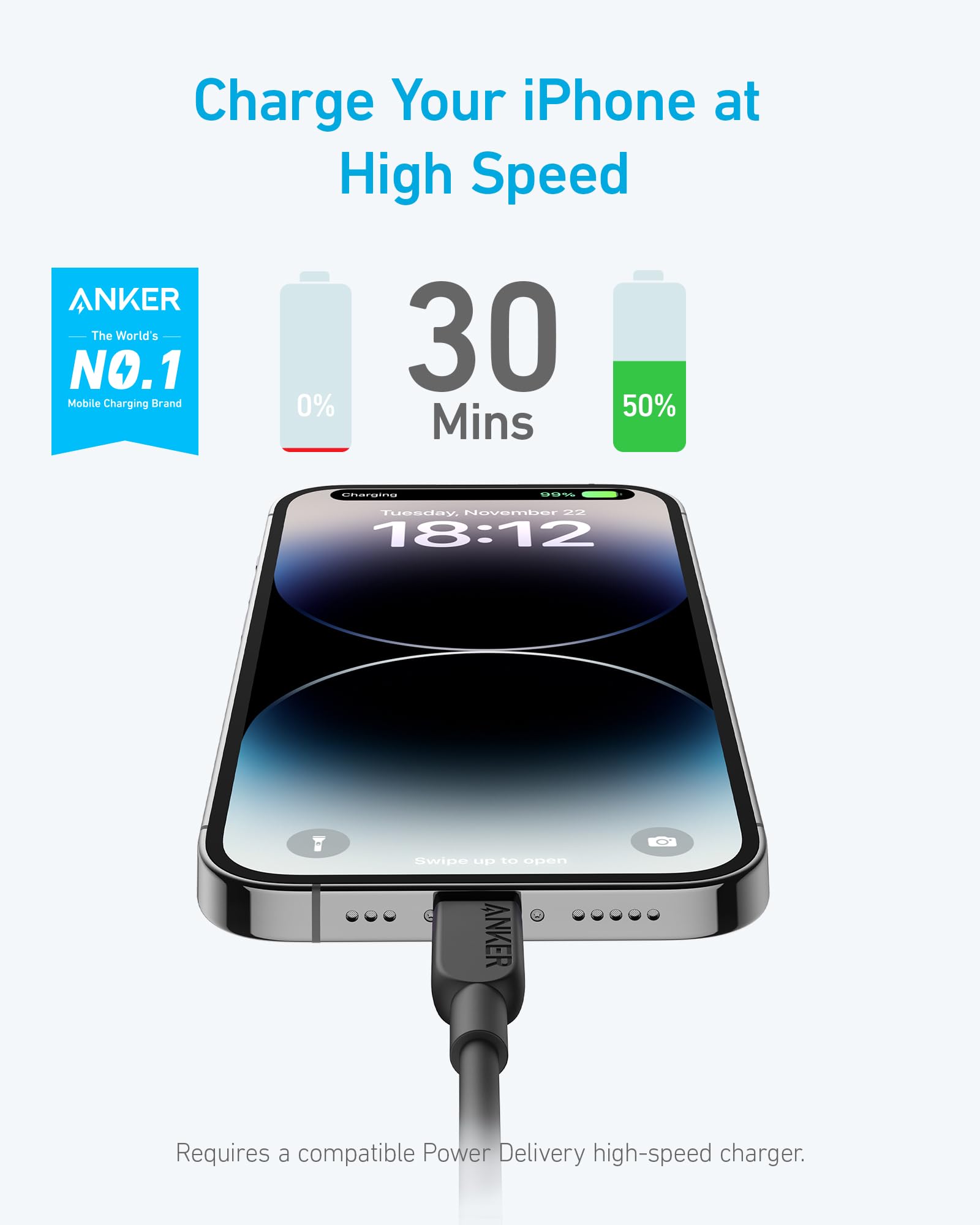 Anker MFi Certified USB C to Lightning Cable 10ft - Fast Charging Cable for iPhone 14/13/12/11/X/XR/XS - Durable Nylon Braided Cable for Home, Office & Travel (Black, Charger Not Included)