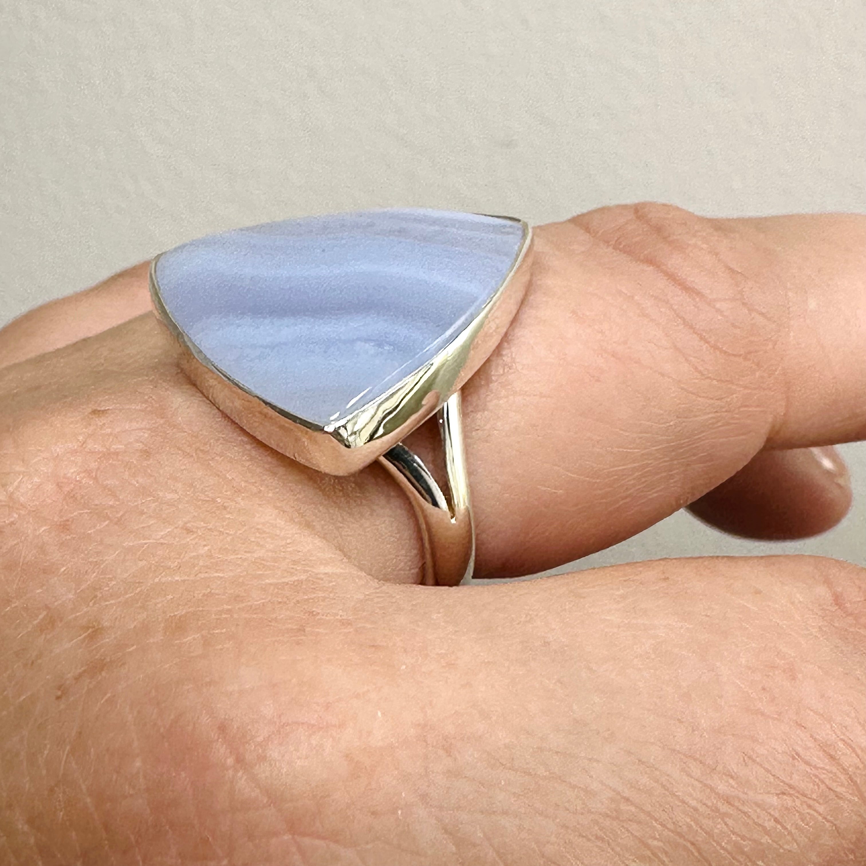 Blue Lace Agate Triangular Cabochon Ring - Size 8 - KRGJ3383 - Perfect for Boho Jewelry & Spiritual Healing