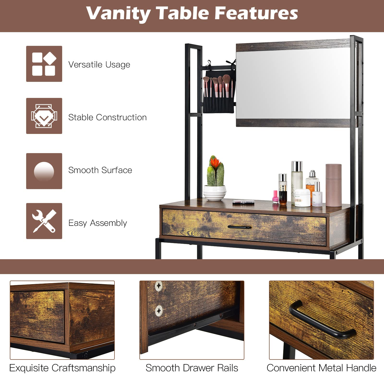 GOFLAME Adjustable Vanity Table with 3-Position Mirror, Makeup Dressing Desk with Cosmetic Brush Holder & Large Drawer - Perfect for Bedroom, Dressing Room & Entryway Organization