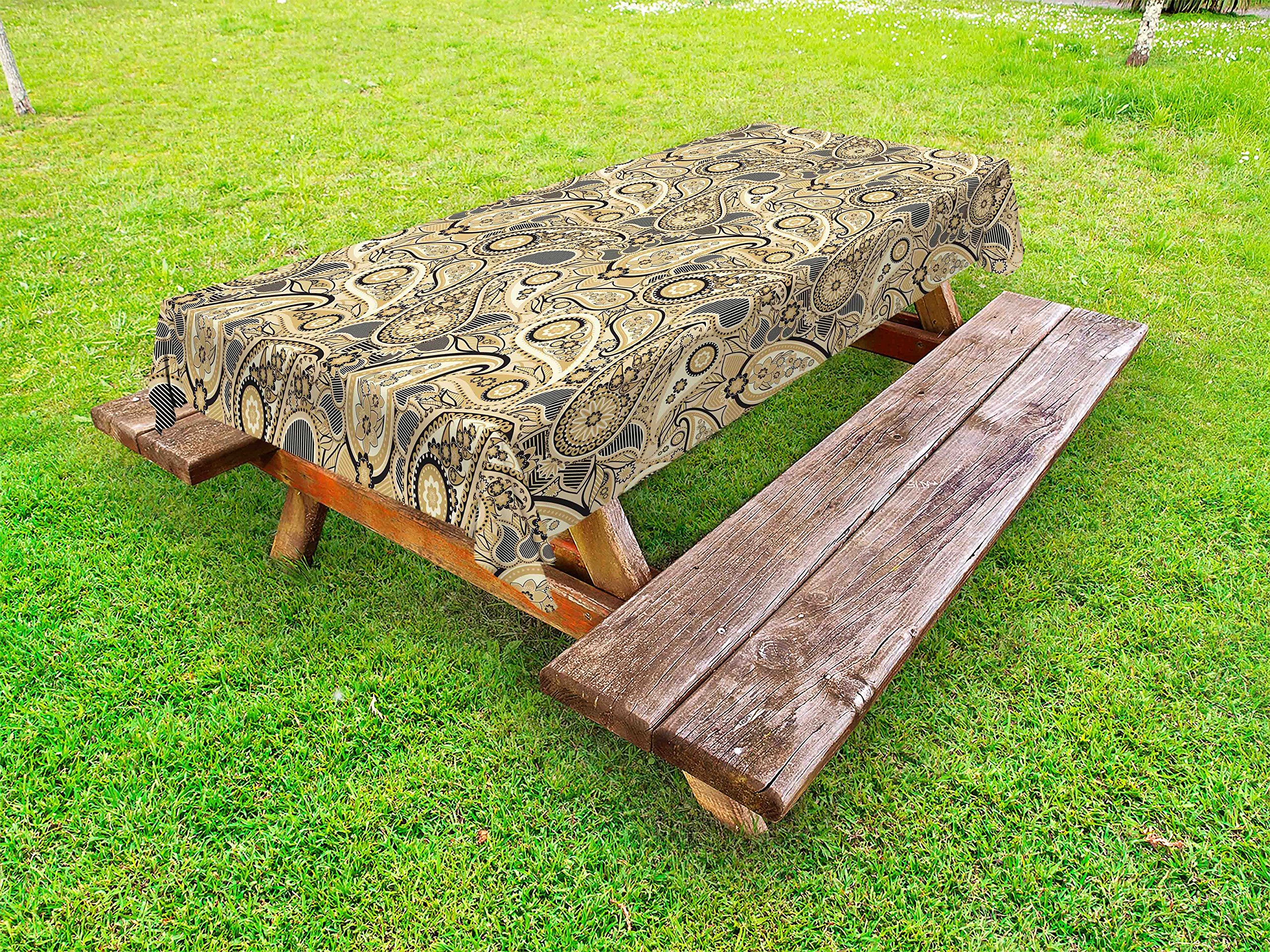 Ambesonne Earth Tone Outdoor Tablecloth - Traditional Iranian Paisley Welsh Pear Pattern - Washable Picnic Table Cover 58x84 Inches - Charcoal Grey Pale Yellow Camel - Perfect for Garden Parties, BBQs & Outdoor Dining