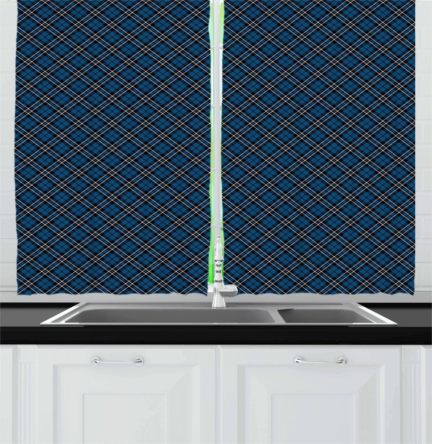 Ambesonne Abstract Long Kitchen Curtains - Victorian British Tartan Pattern with Baroque Effects in Dark Blue, Black & White Print - 2 Panel Drapes with Rod Pocket - 55