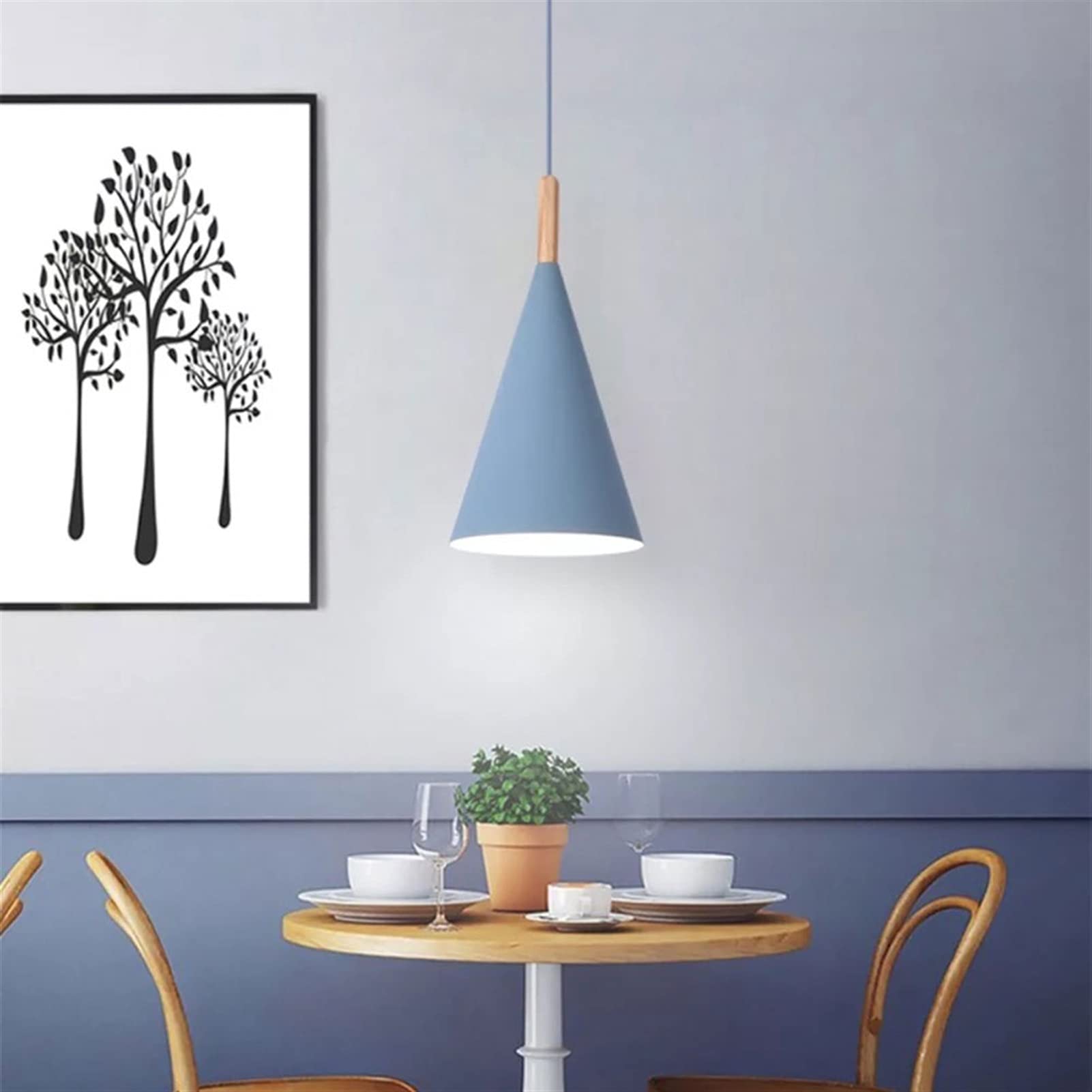 Modern Cone Shaped Wood Pendant Lighting - Minimalist E27 Hanging Chandelier for Kitchen Island, Dining Room, Living Room & Bedroom - Blue Wooden Ceiling Lamp for Farmhouse, Loft & Contemporary Home Decor