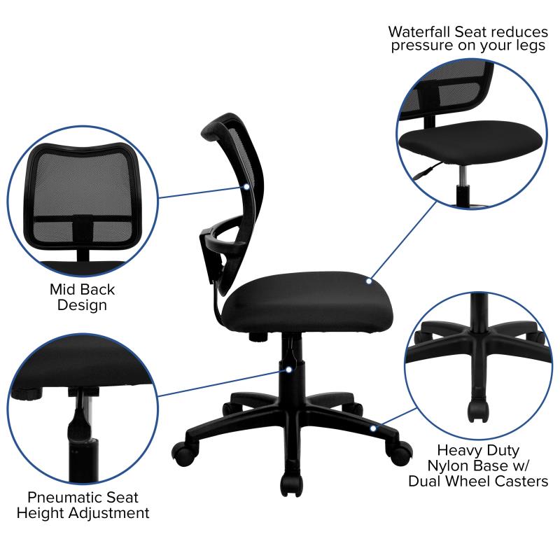 FLASH Mid Back Black Mesh Swivel Task Office Chair - Ergonomic Adjustable Height Computer Desk Chair for Home & Office Use - Perfect for Long Hours of Work or Gaming