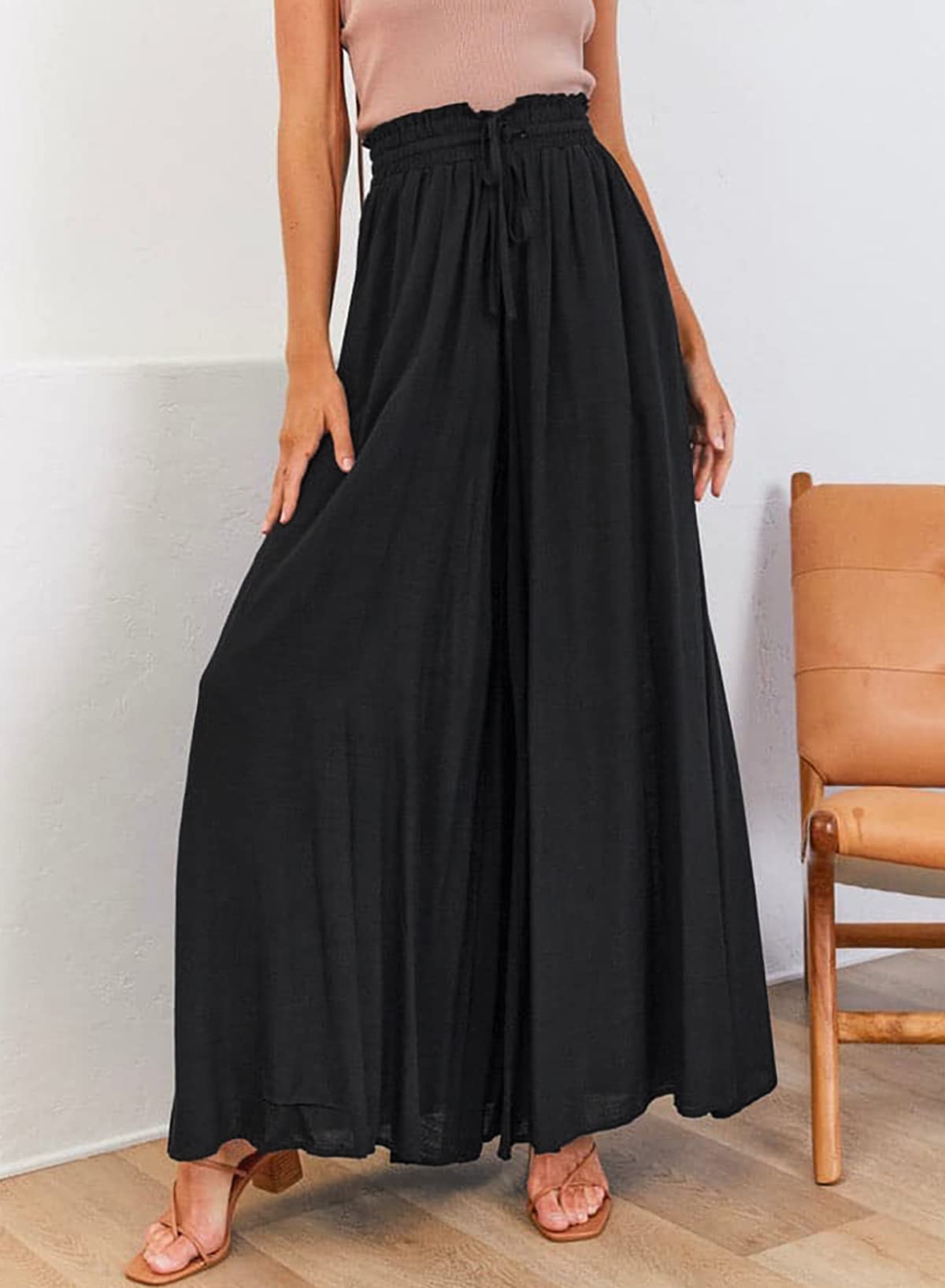 EVALESS Women's Casual Wide Leg Palazzo Pants - Elastic Drawstring Waist, Flowy & Comfortable with Pockets - Perfect for Work, Travel & Lounge Wear