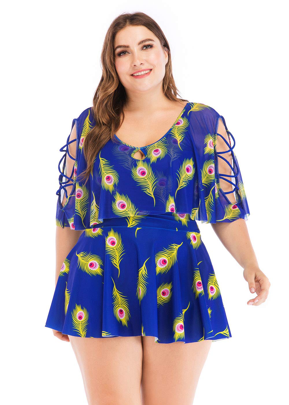 Wellwits Women's Plus Size Crisscross Flutter Sleeves Cherry Print Swimdress - Flattering Swimwear for Curvy Women, Beach Vacation & Pool Party Outfit