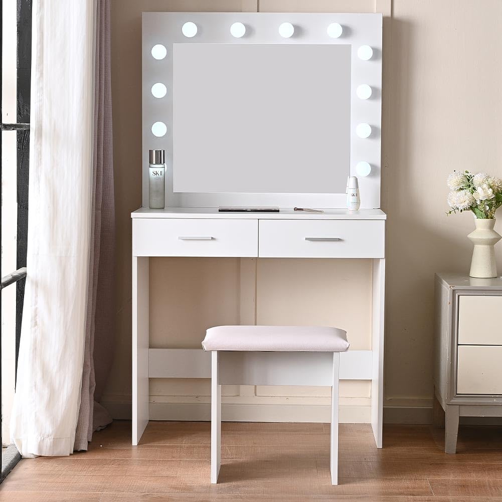 Shally Dogan Makeup Vanity Set with Stool - Ophelia Model with 12 LED Lights, Wooden White Dressing Table with Mirror & Drawers, Padded Comfortable Seat, Cold & Warm Lighting - Perfect for Bedroom Makeup Station, Beauty Room Decor, Bridal Dressing Area