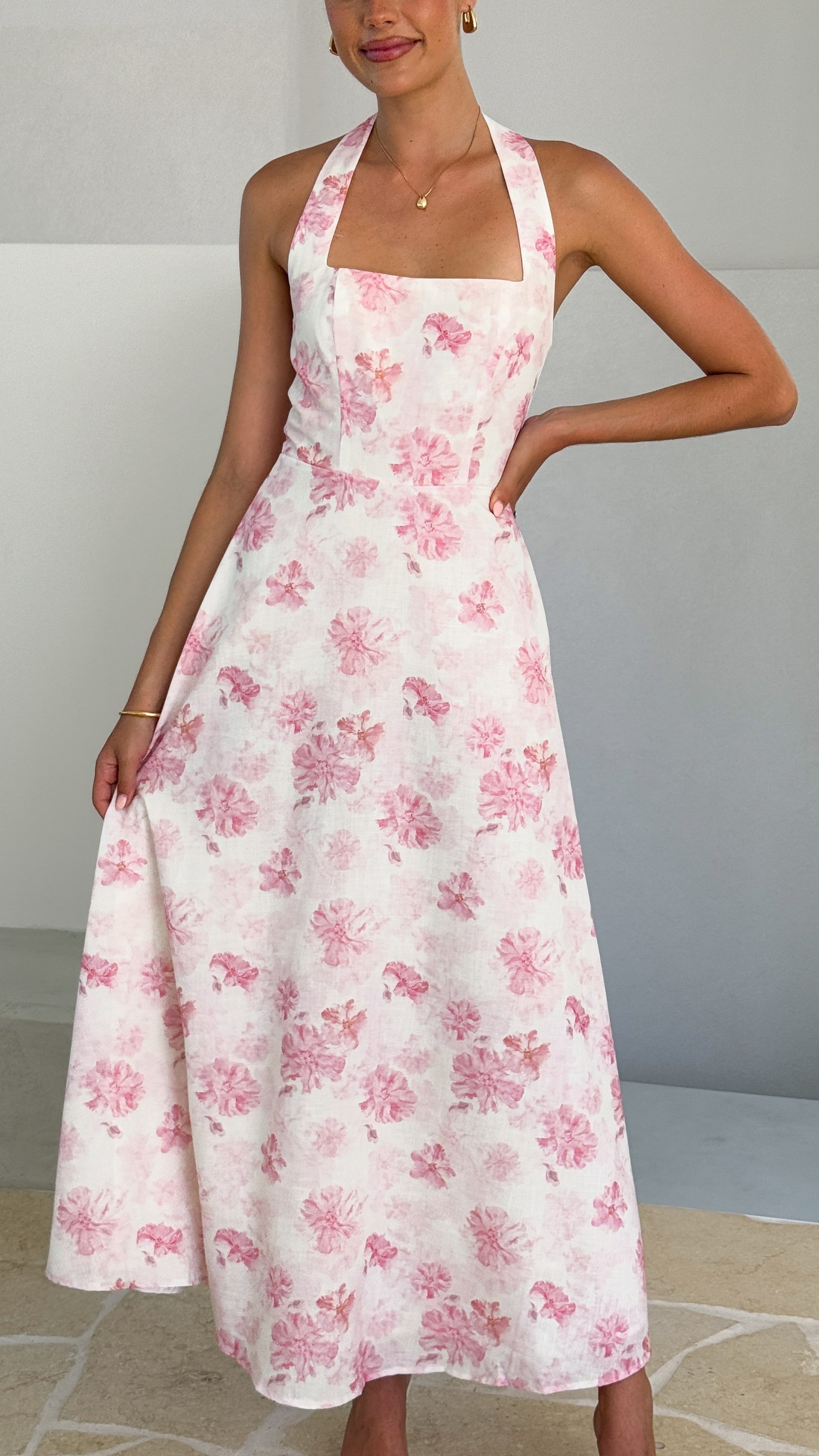 Mady Women's Maxi Dress - Pink Floral Print Long Summer Dress for Beach, Vacation & Casual Wear