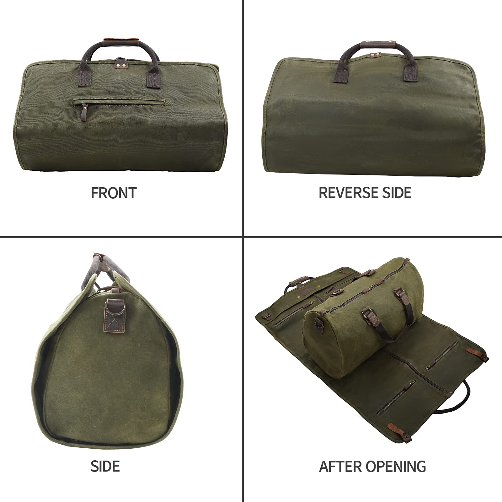 2 in 1 Canvas Leather Suit Luggage Garment Bag with Adjustable Shoulder Strap - Waxed Army Green Waterproof Travel Garment Bag for Business Trips, Weddings & Airplane Carry-On