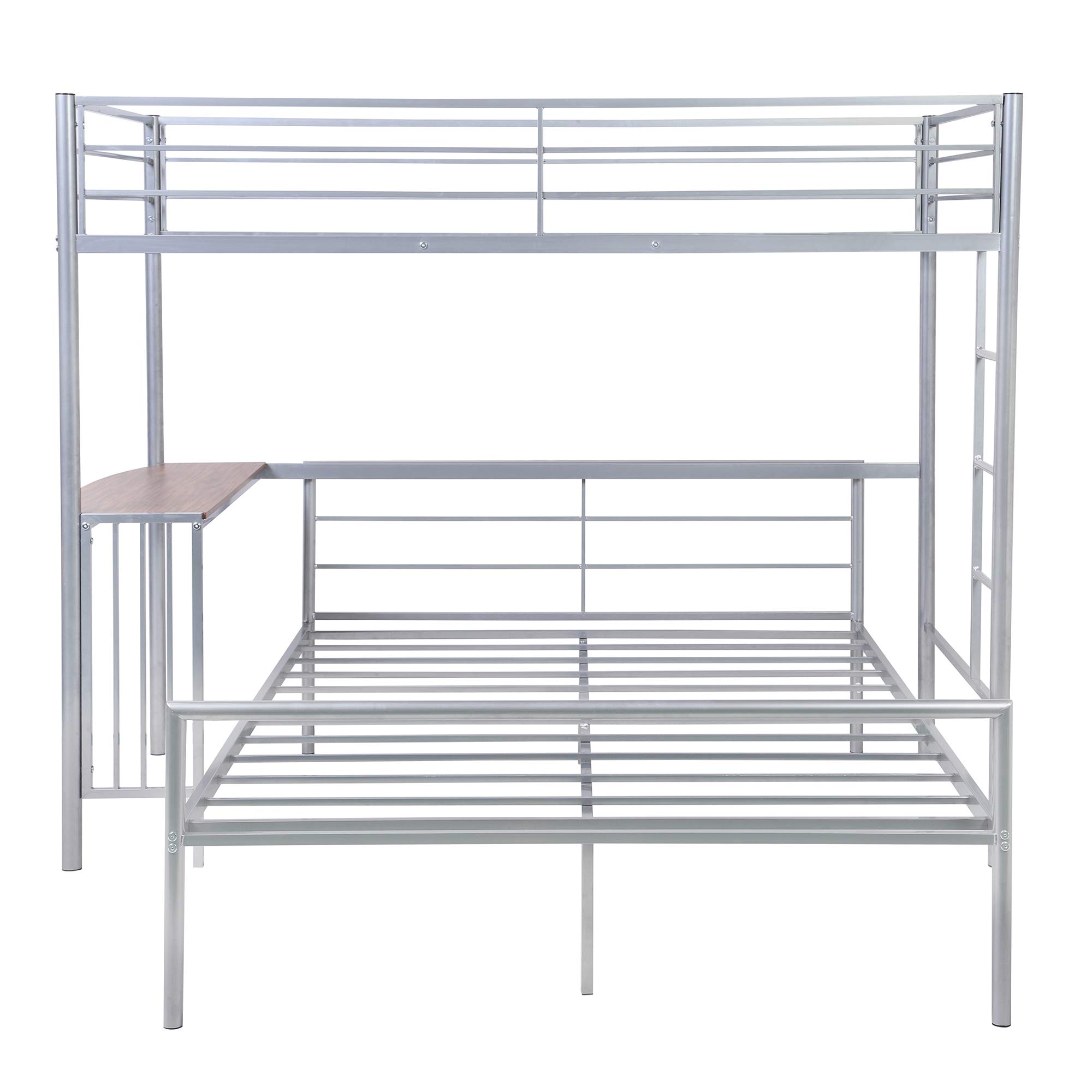 Knocbel Twin Over Full Metal Bunk Bed with Built-in Desk, Ladder & Safety Guardrails - Space-Saving Silver Loft Bed for Kids & Teens - Perfect for Small Bedrooms, Dorms & Guest Rooms