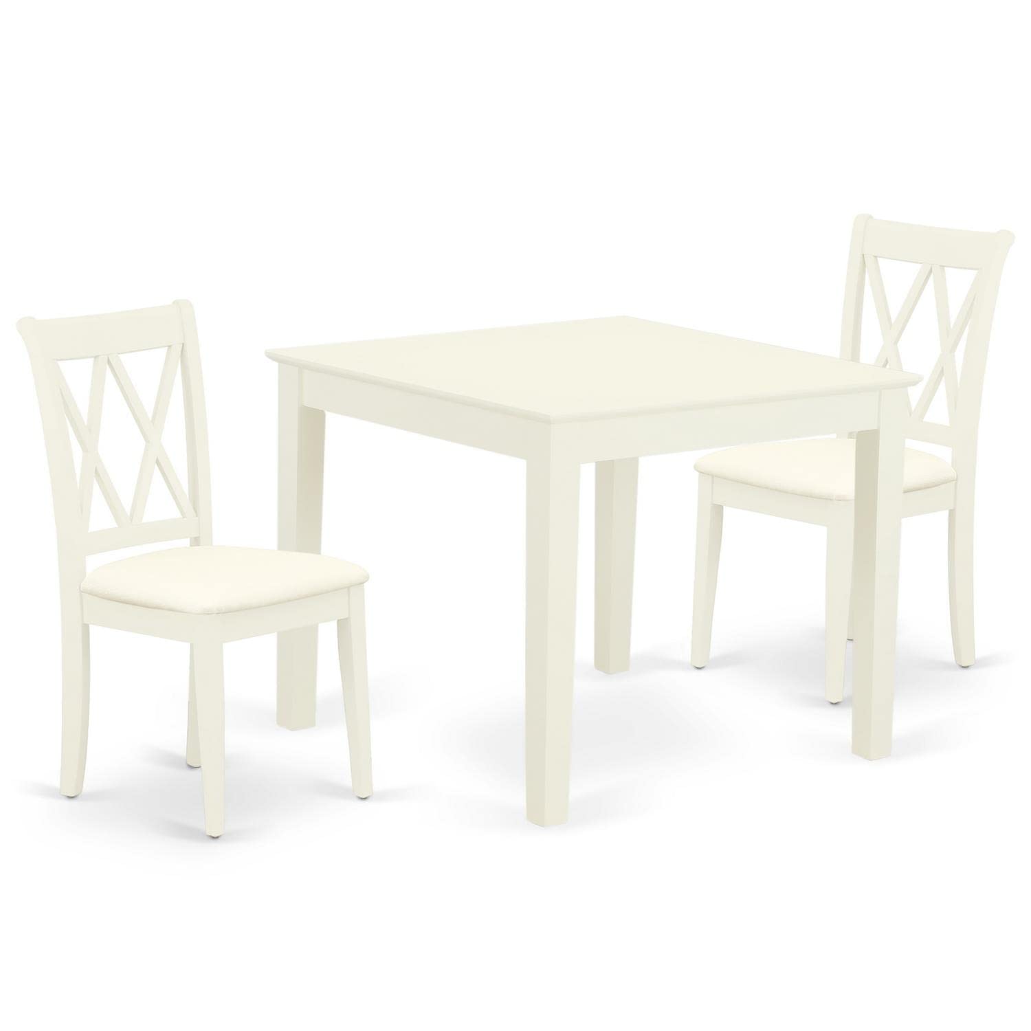 East West Furniture OXCL3-LWH-C 3 Piece White Linen Dining Set - 36x36 Inch Square Kitchen Table with 2 Upholstered Chairs | Perfect for Small Spaces, Breakfast Nooks & Apartment Dining Areas