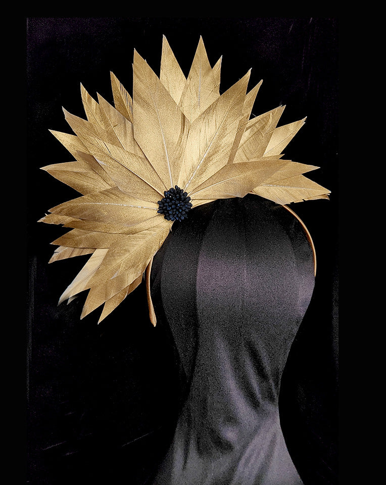 Elegant Gold Aura Metallic Feather Statement Headband - Race Day Crown & Fascinators for Weddings, Parties & Special Events | Kezani