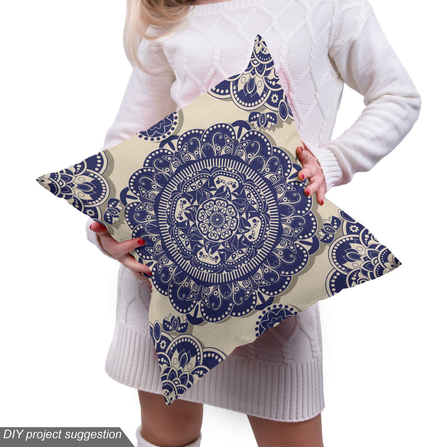 Ambesonne Mandala Fabric by The Yard - Ornamental Flower Pattern with Shadow Effect, Royal Retro Revival Medieval Exotic Design - 10 Yards Beige Navy Blue Decorative Fabric for Upholstery, Home Accents, DIY Projects, Curtains & Pillow Covers