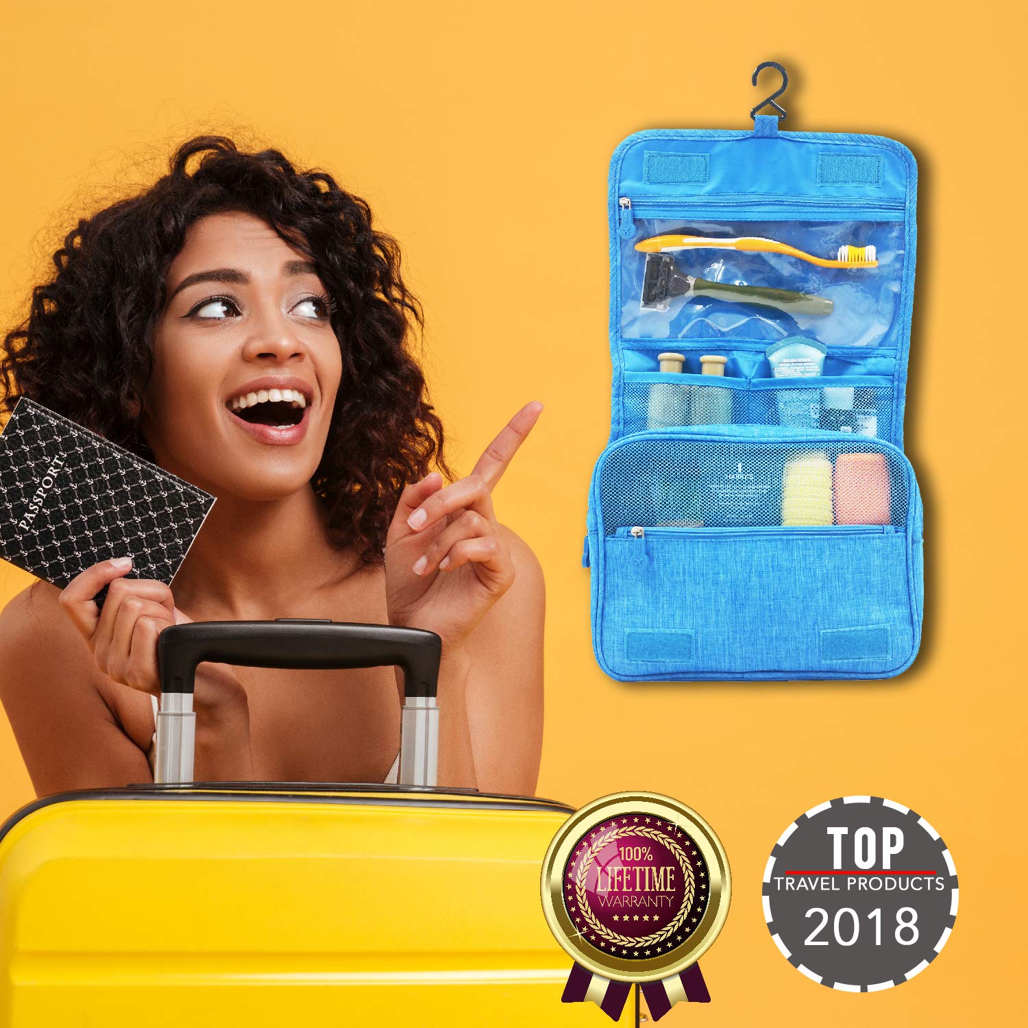 Lightweight Hanging Toiletry Bag - Portable Travel Cosmetic Organizer with Hook for Makeup, Toiletries & Personal Items - TSA Approved for Men, Women & Kids - Perfect for Air Travel, Camping & Gym (Blue)