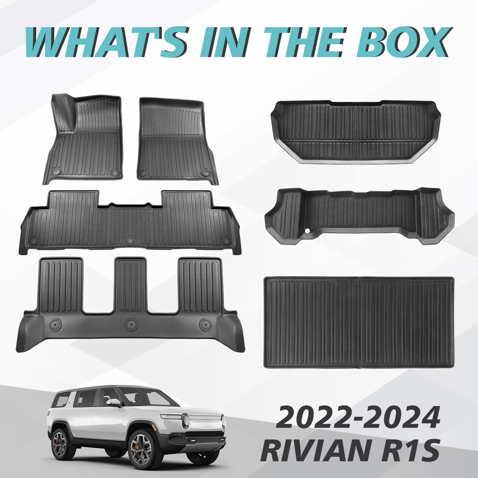 BestEvMod All-Weather Cargo Liners Set for Rivian R1S (2022-2024) - Frunk Mat, Floor Liners & Trunk Mat | Anti-Slip 3D TPE Design | Waterproof & Durable | Perfect for Road Trips, Camping & Outdoor Adventures