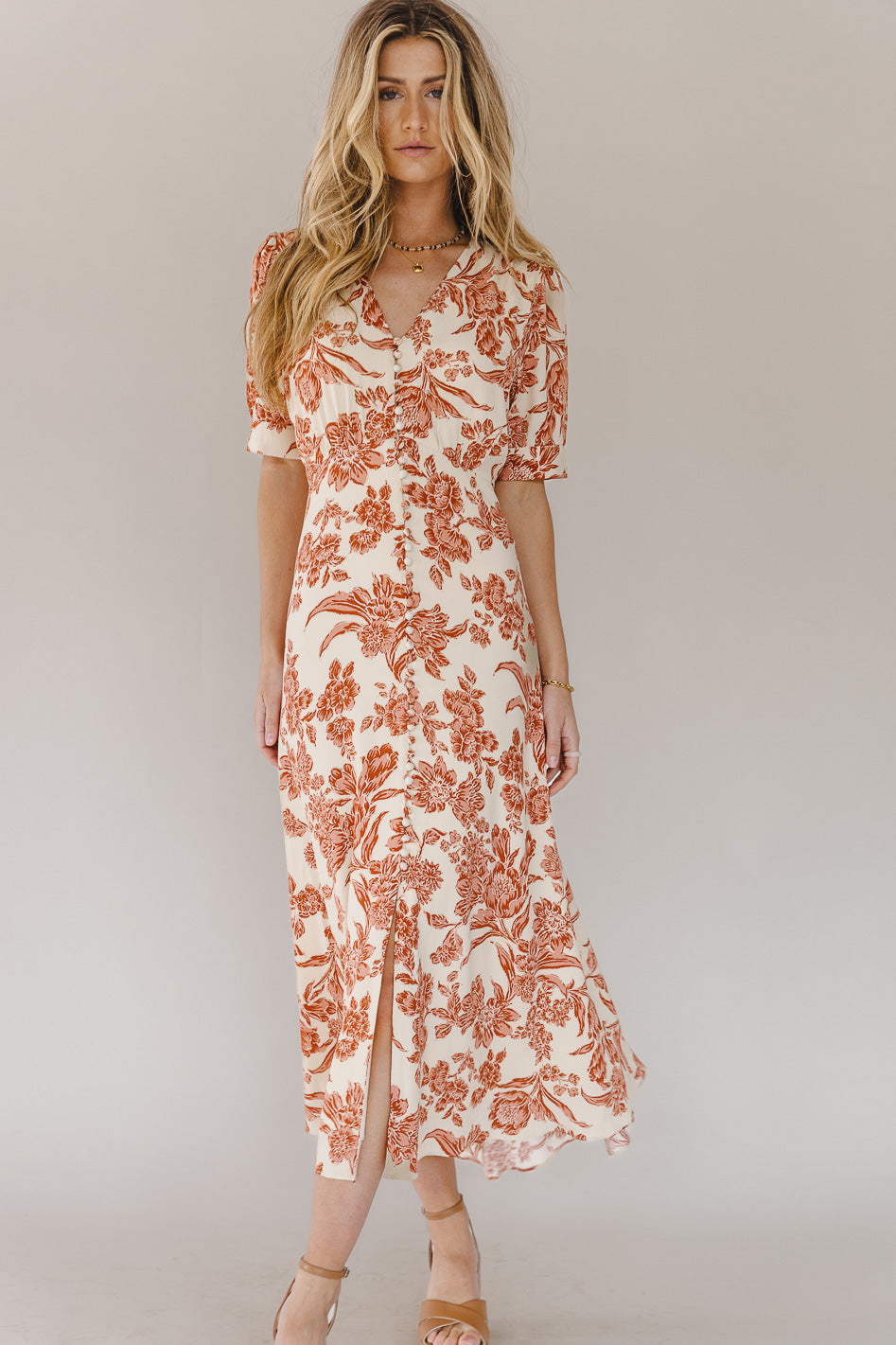 Lia Floral Print Midi Dress in Rust - Elegant Boho Summer Dress for Women, Perfect for Weddings, Parties & Casual Outings