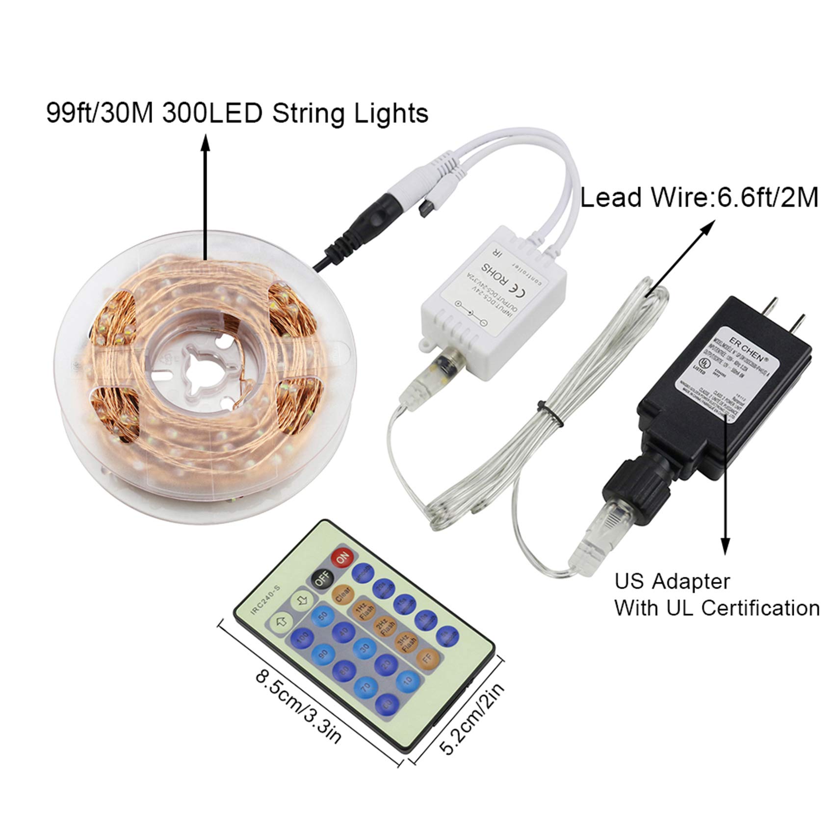 Dimmable LED String Lights 100Ft 300 LEDs - Remote Controlled Copper Wire Fairy Lights for Christmas, Wedding, Party Decor - Warm White Starry Lights for Indoor/Outdoor Seasonal Decoration