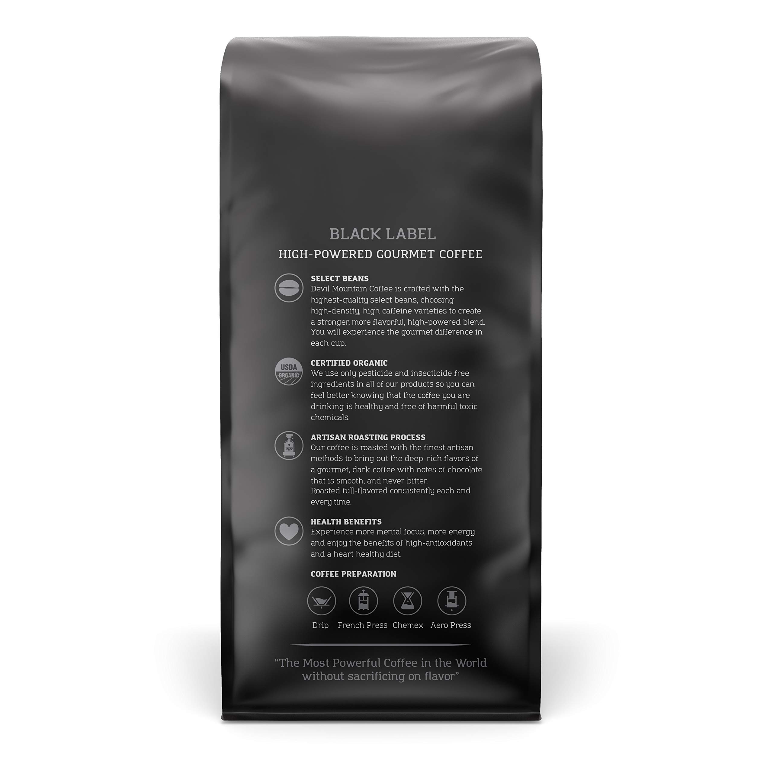 Devil Mountain Coffee Black Label Dark Roast Ground Coffee - Strong High Caffeine USDA Organic Fair Trade Gourmet Artisan Roasted - World's Strongest Coffee 16oz Bag - Perfect for Home Brewing, Office Use & Energy Boost