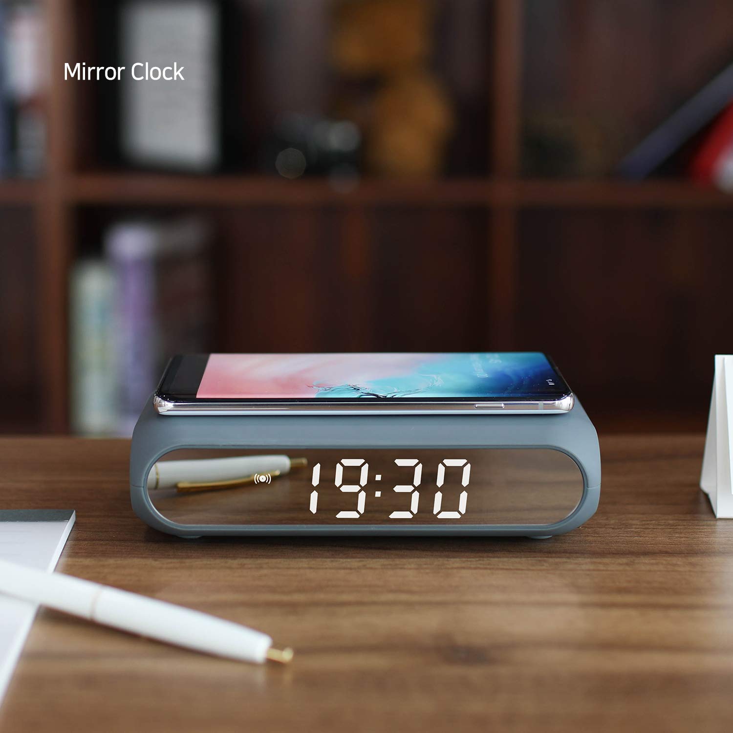 Mooas Qi Wireless Charging Digital Alarm Clock with Mirror - Slim Desk Clock for Bedroom, Office, Nightstand | Fast 10W Charger for iPhone 15/14/13 Pro, Samsung Galaxy S24/S23/S22, AirPods | USB Port & LED Display (Charcoal Gray) - Perfect for Home, Office, Travel and Gift Giving