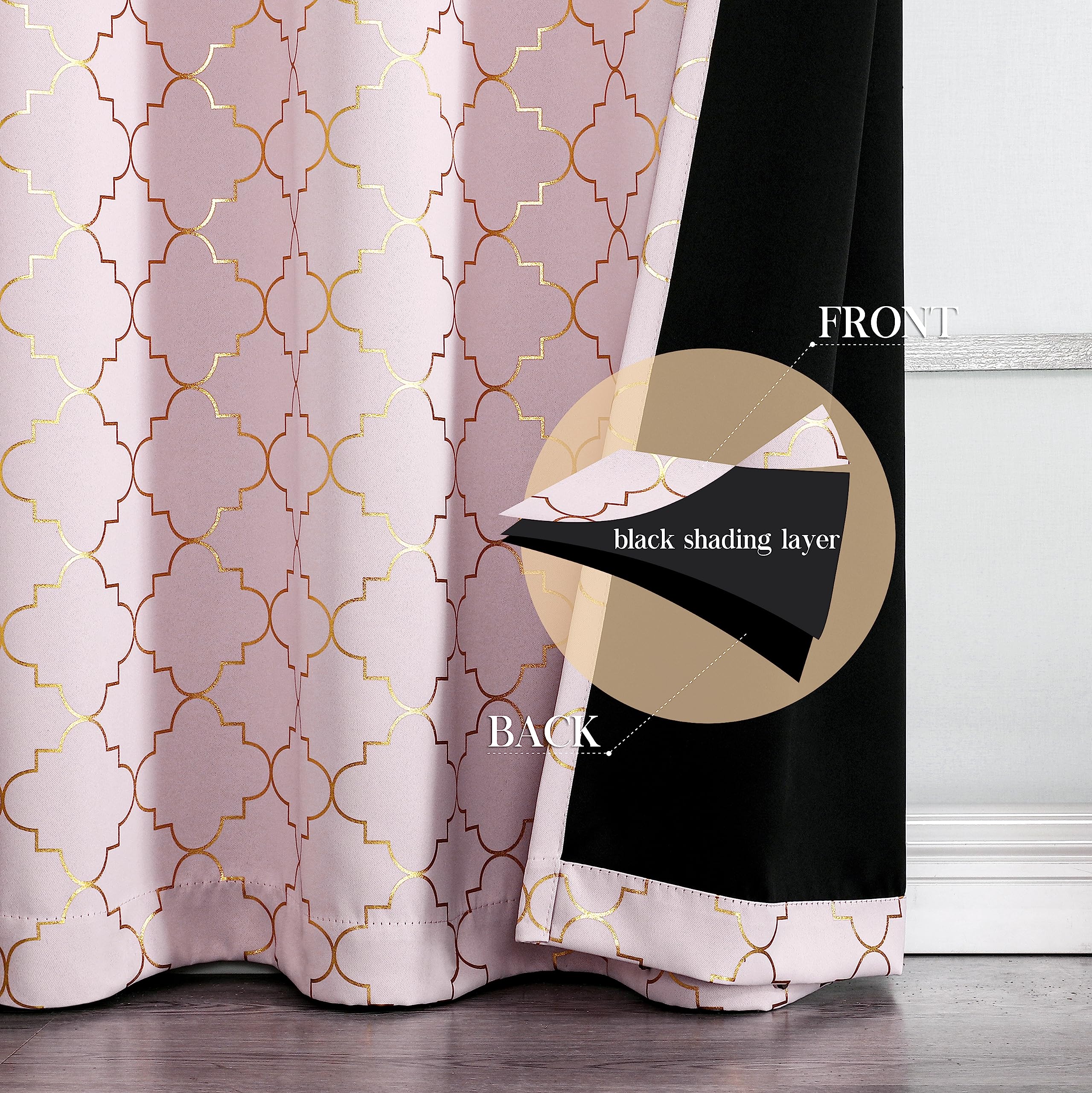 Enactex 100% Blackout Thermal Insulated Curtains - 95 Inch Long Pink Drapes with Gold Geometric Pattern, Room Darkening Grommet Window Panels for Girls Bedroom & Living Room | Perfect for Light Blocking, Privacy & Energy Efficiency