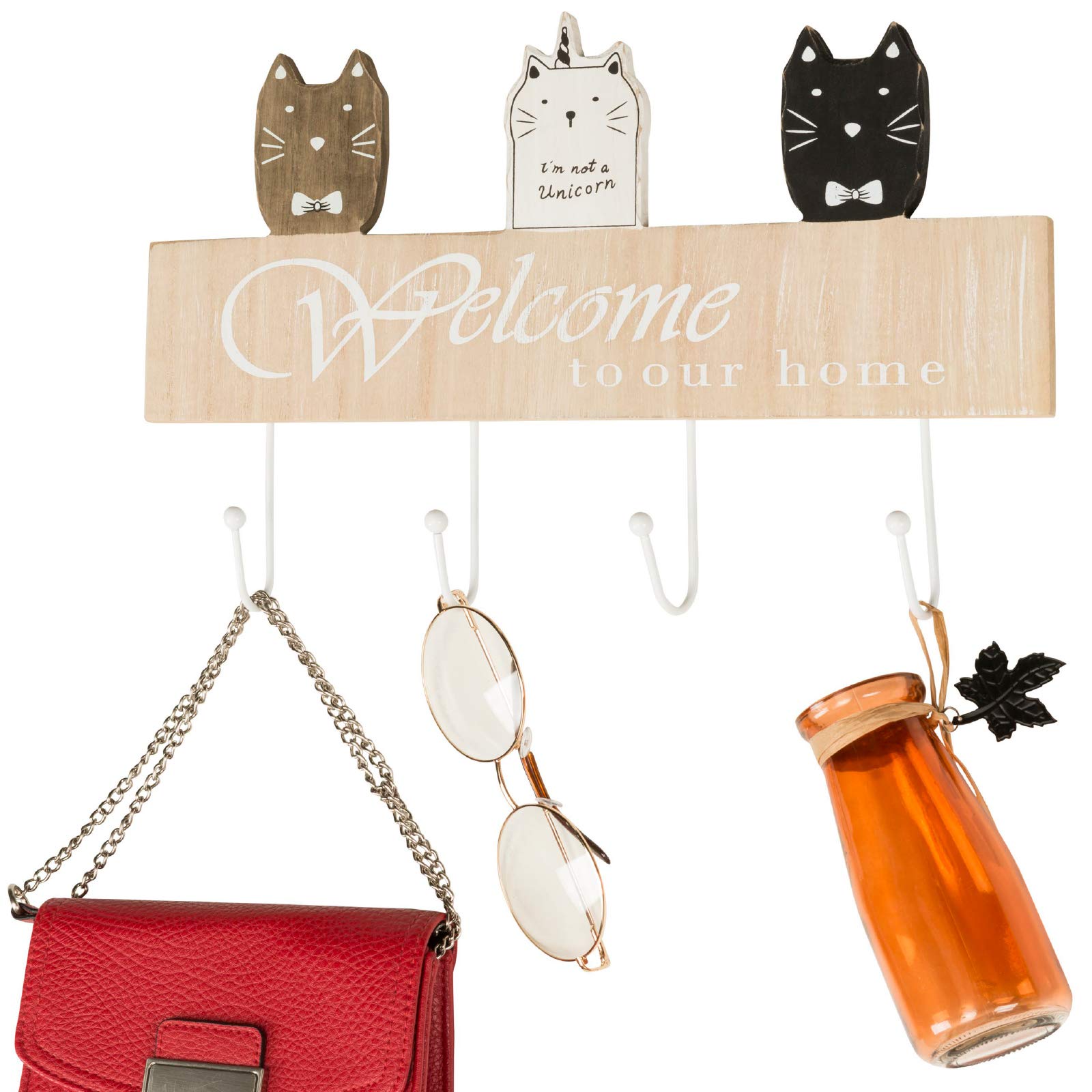 EXCELLO GLOBAL 16-inch Wall Mounted Cat Themed Coat Rack with 4 Hooks - Perfect for Entryway, Bedroom, or Pet Room Organization