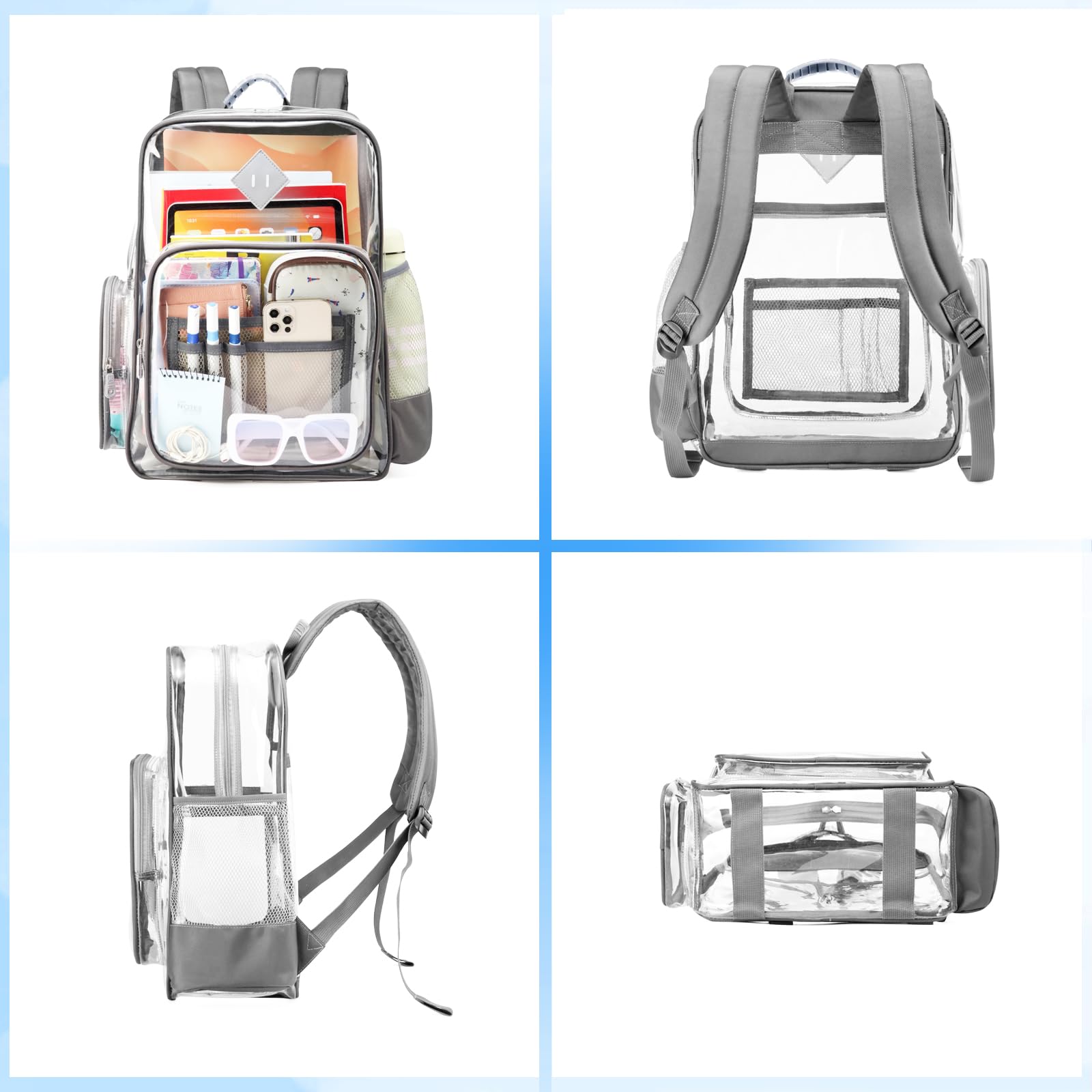 Large Clear Backpack for Men & Women - Heavy Duty PVC Transparent Bookbag, Stadium Approved See-Through Backpack Fits 16 Inch Laptop for School, Work & Travel (Gray) - Perfect for School Security Checks, Concerts, Airports and Office Commutes