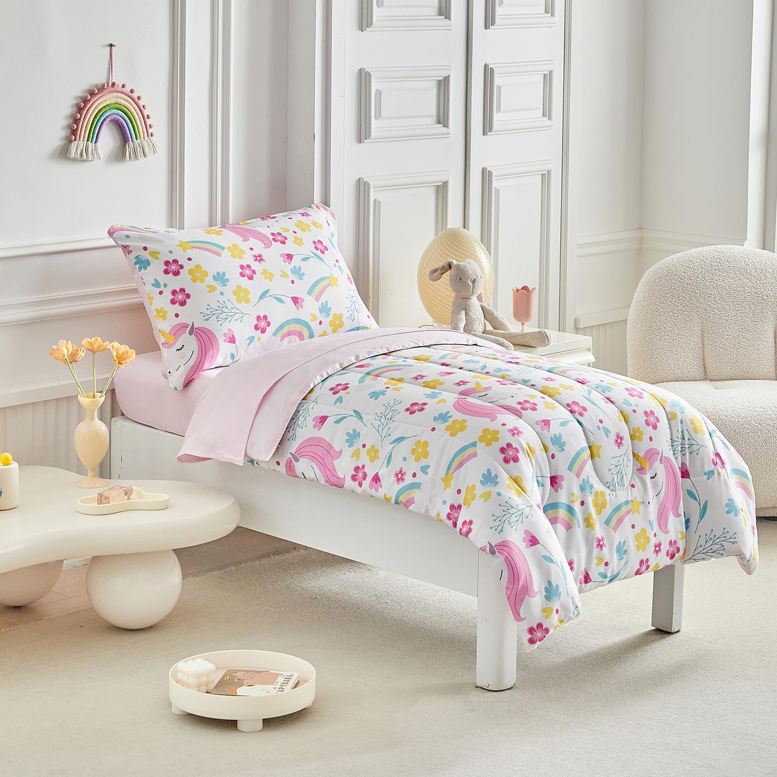 **Unicorn Toddler Bedding Set for Girls - 4PC Light Pink Floral Rainbow Princess Bed Set with Soft Blue Yellow Sheets & Pillow Shams | Cute Nursery Decor for Toddler Beds & Kids Rooms**