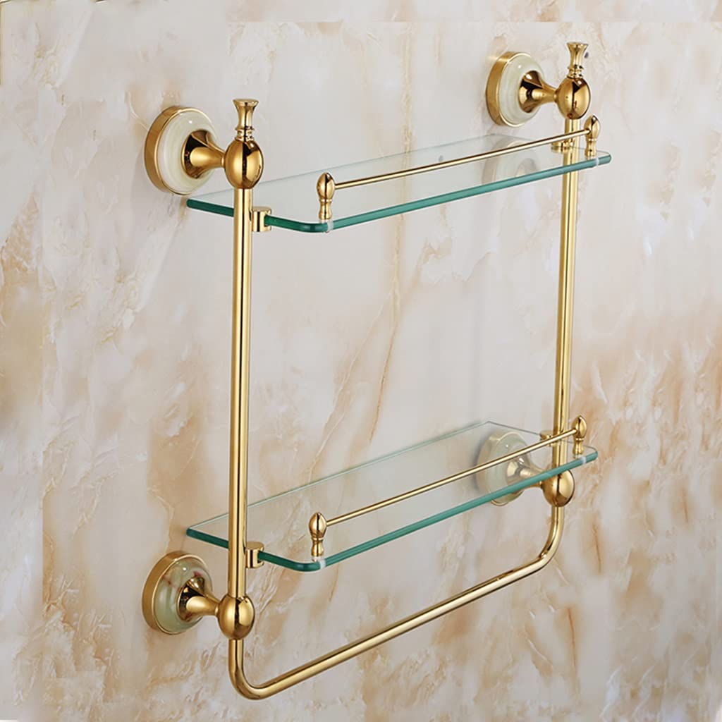 Premium All-Copper Double Layer European Style Bathroom Hardware Set - Golden Jade Towel Bar Rack, Towel Ring, Clothes Hook & Toilet Paper Holder with Glass Shelf - Luxury Bathroom Accessories for Modern Homes (Double Glass Shelf B) - Perfect for Spa-Like Bathrooms, Hotel-Style Decor & Upscale Home Renovations