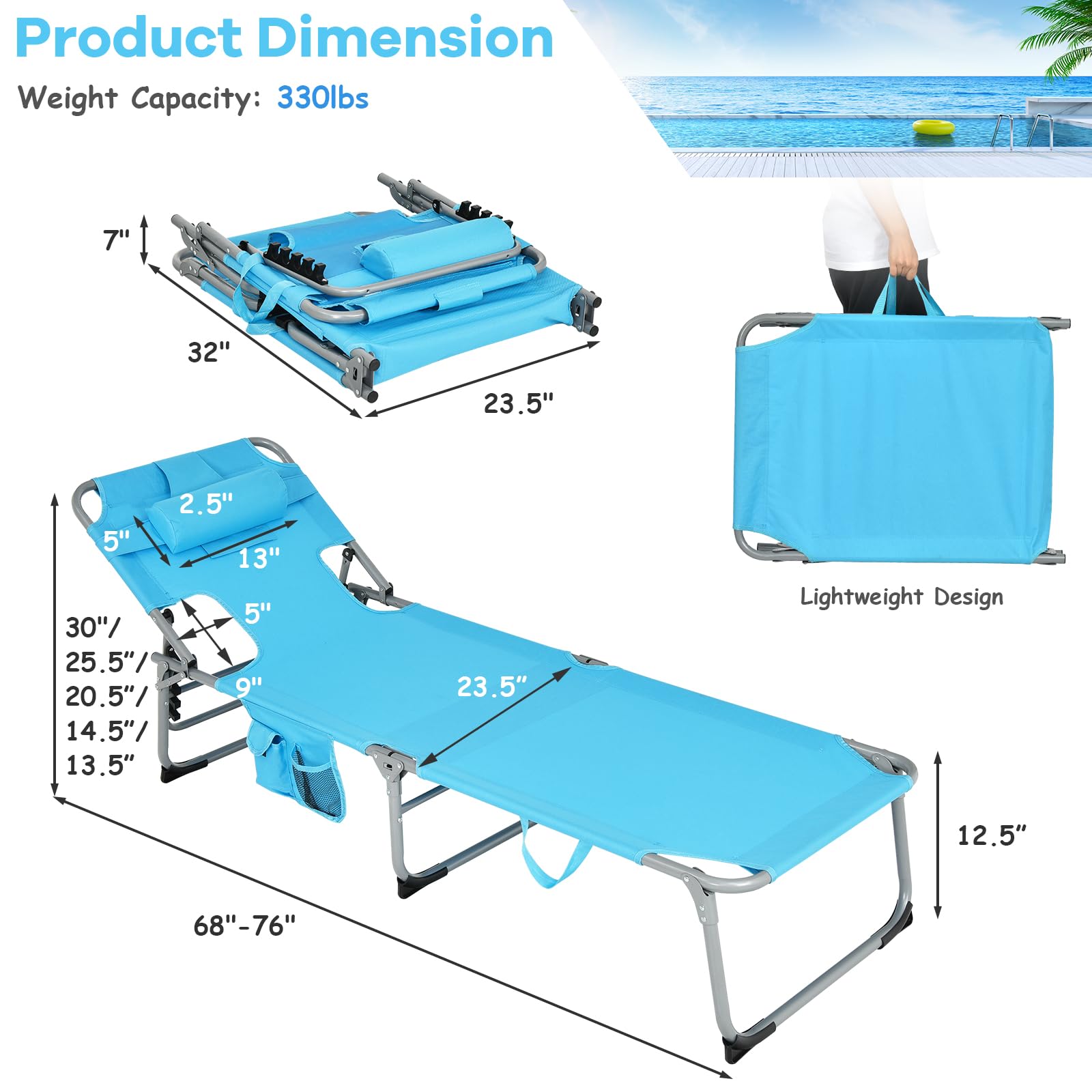 GYMAX Folding Tanning Chair with Adjustable Backrest - Portable Beach Lounger with Face Hole, Arm Holes, Side Pocket & Carry Handle - Outdoor Sunbathing Chair for Patio, Pool, Beach & Backyard Relaxation (Turquoise)