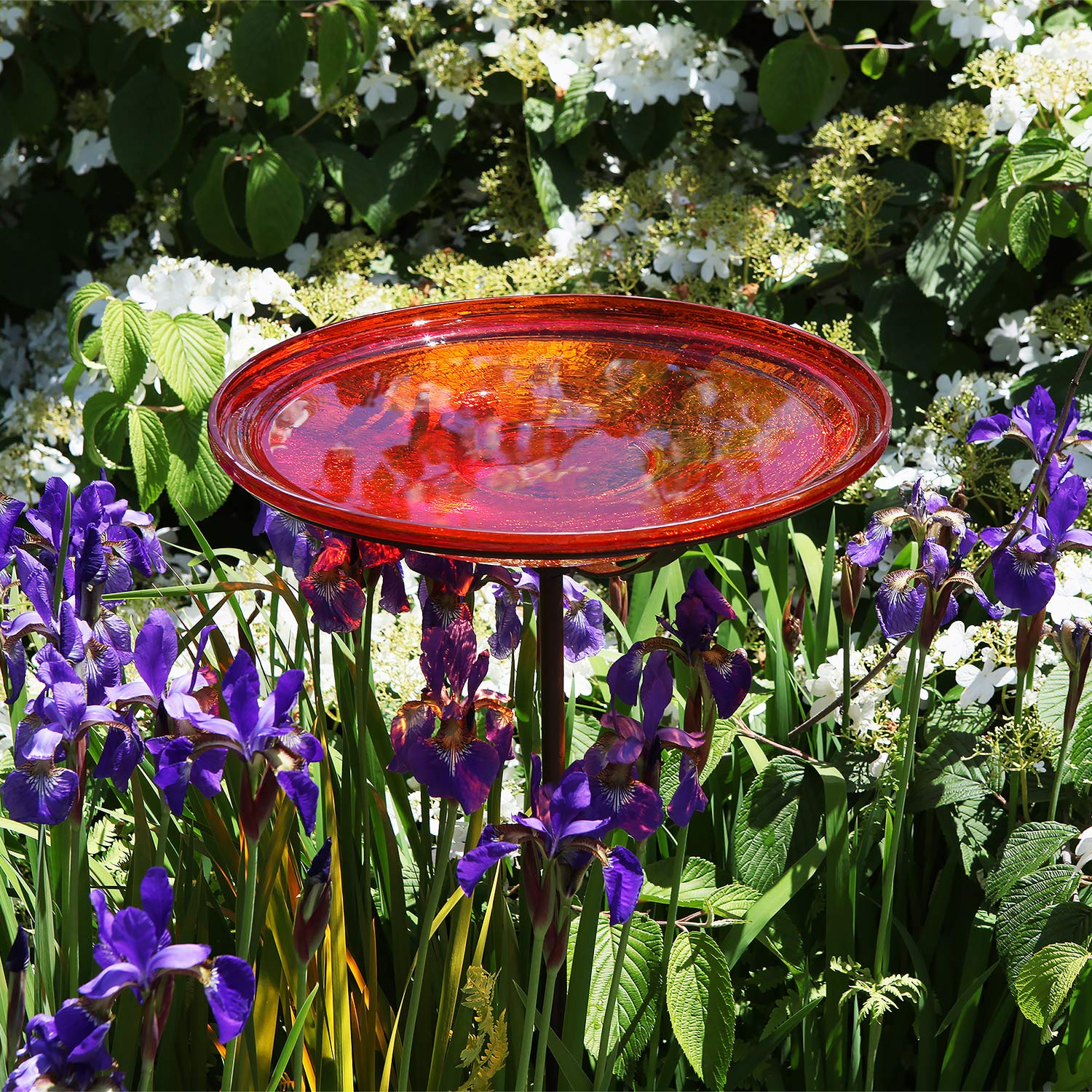 Achla Designs 14-inch Red Crackle Glass Birdbath Bowl with Stake - Perfect for Garden Decor and Attracting Birds to Your Backyard