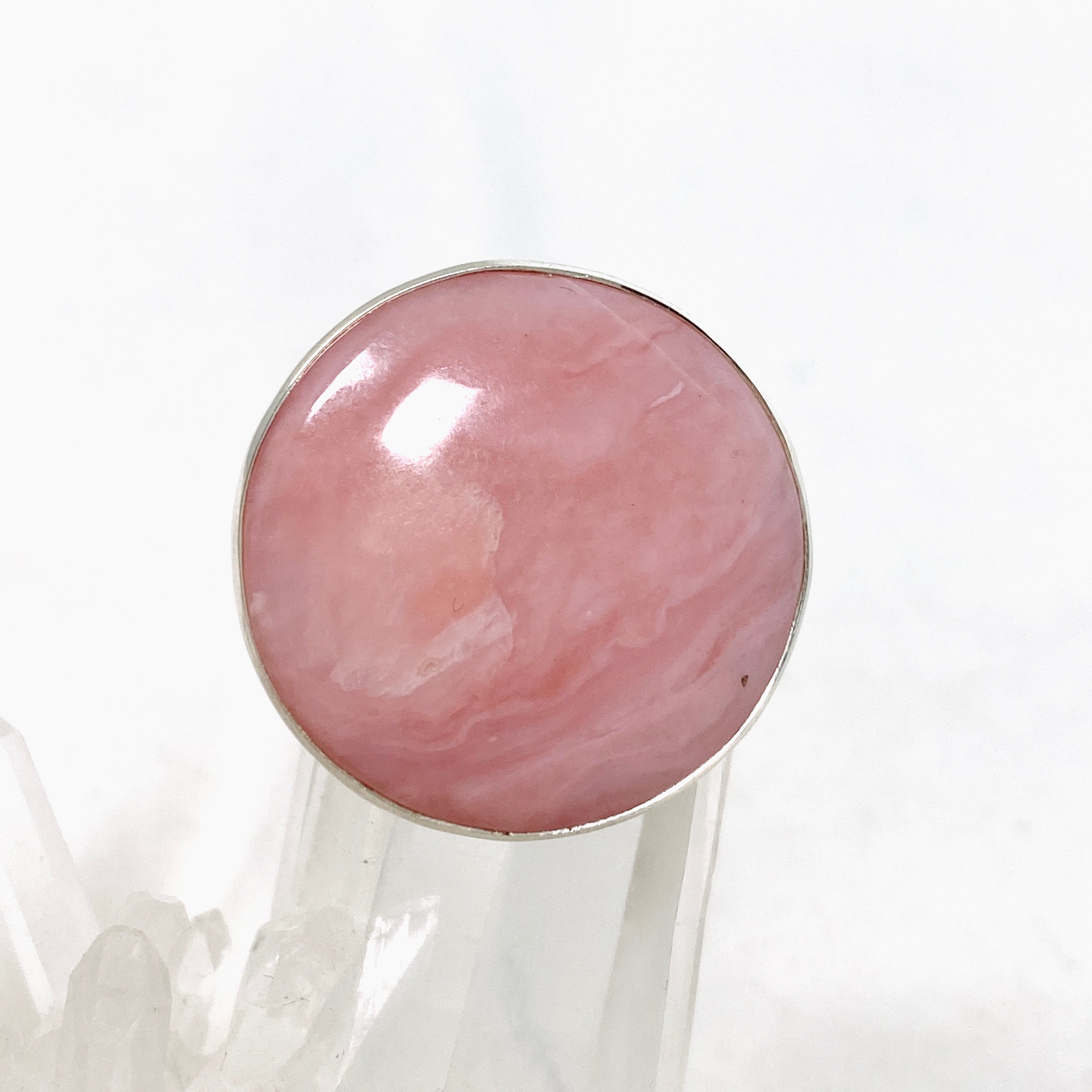 Pink Opal Round Cabochon Ring - Hammered Sterling Silver Size 9.5 (KRGJ3305) | Elegant Boho Jewelry for Women, Perfect for Everyday Wear & Special Occasions