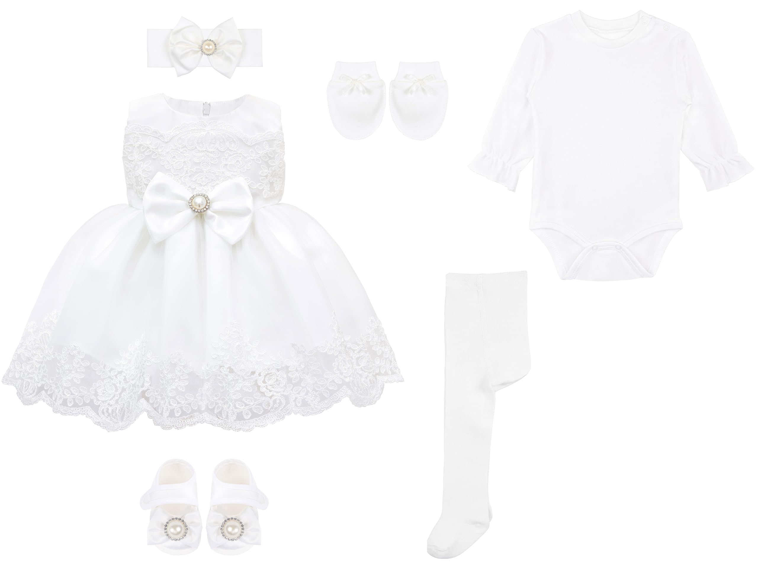 Taffy Baby Girl Christening Baptism Embroidered White Dress Gown 6-Piece Deluxe Set - Perfect for First Communion, Baby Dedication & Special Occasions