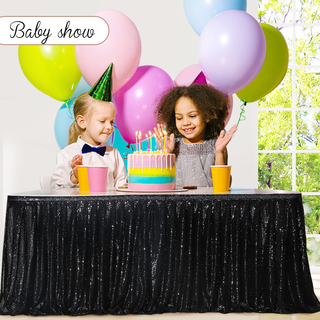 Poise3EHome 14ft Sequin Table Skirt - Elegant Black Party Table Cover for Rectangle, Round & Square Tables - Perfect for Wedding, Birthday, Christmas & Holiday Decorations - Enhance Your Event with Sparkling Glamour