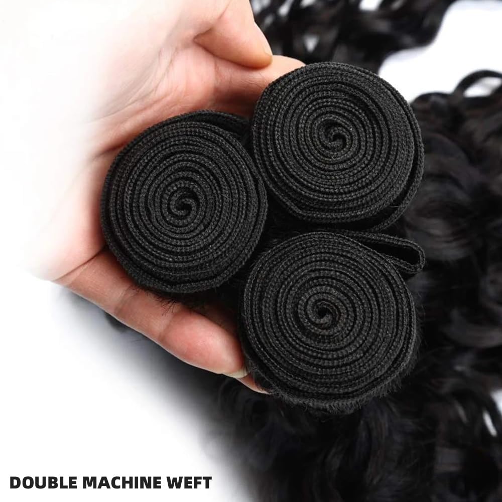 14 16 18+12 Inch Water Wave Human Hair Bundles with 4x4 Lace Closure - 100% Unprocessed Brazilian Virgin Hair - 3 Bundles Set for Natural Look - Perfect for Sew-in Weaves, Wig Making, and Everyday Styling