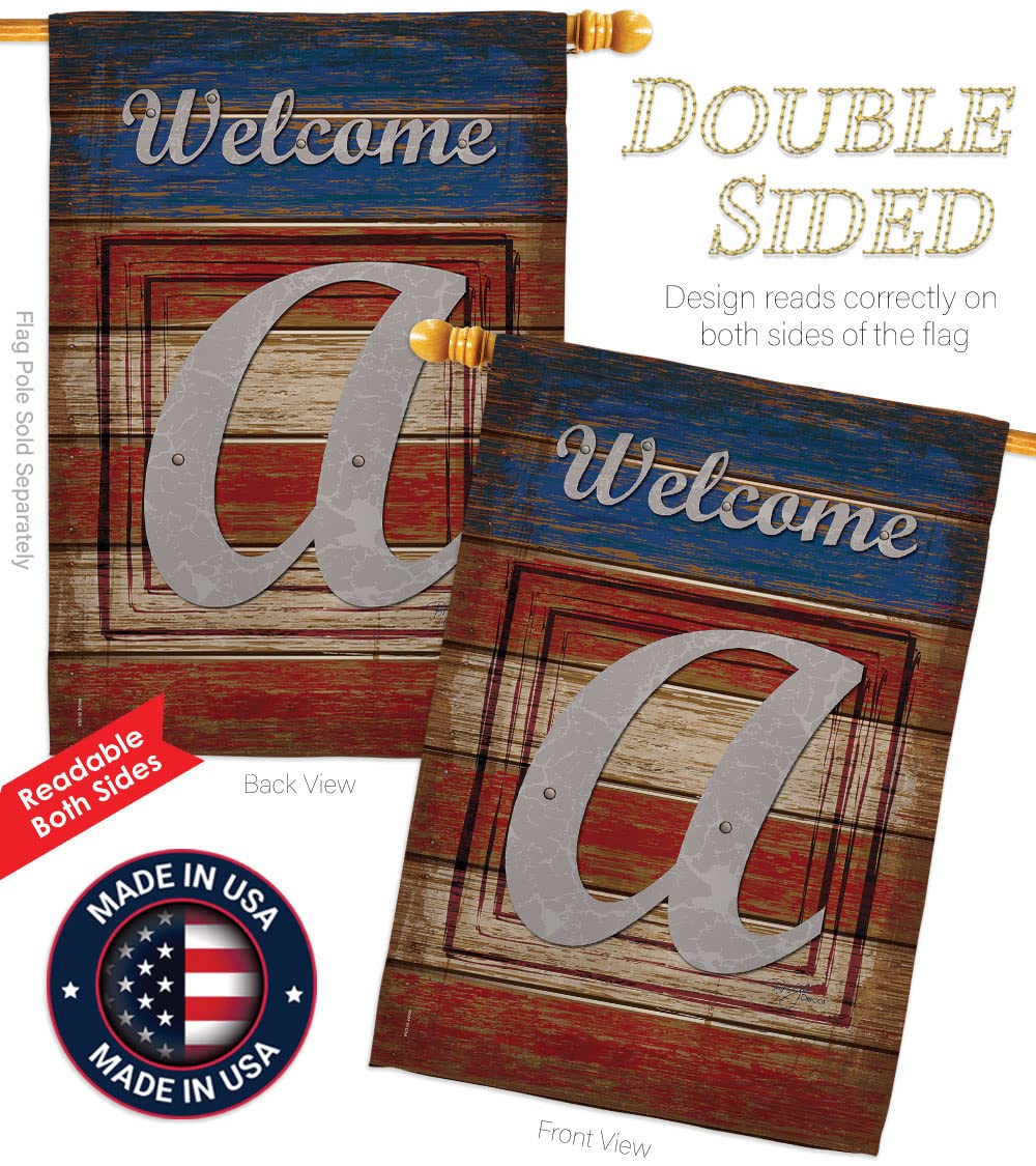 Patriotic Americana Initial House Flag Set - 28x40in w/Flagpole for Outdoor Decor