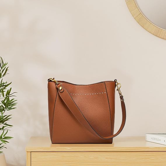DORIS&JACKY Genuine Leather Bucket Tote Bag for Women - Stylish Designer Shoulder Hobo Purse with Detachable Wide Strap - Perfect for Work, Travel & Everyday Use