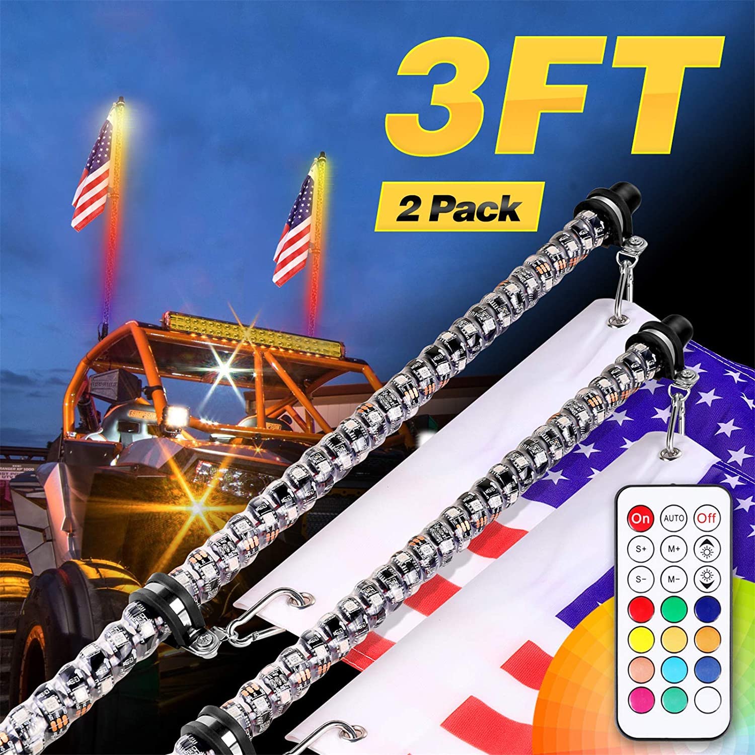3ft RGB LED Whip Lights 2 Pack - 360° Spiral RGBW LED Chasing/Dancing Antenna Lights with RF Remote Control for ATV, UTV, SXS | Compatible with Polaris Ranger, RZR XP1000, Can-Am X3, Yamaha, Kawasaki | Perfect for Off-Roading, Night Riding & Vehicle Customization