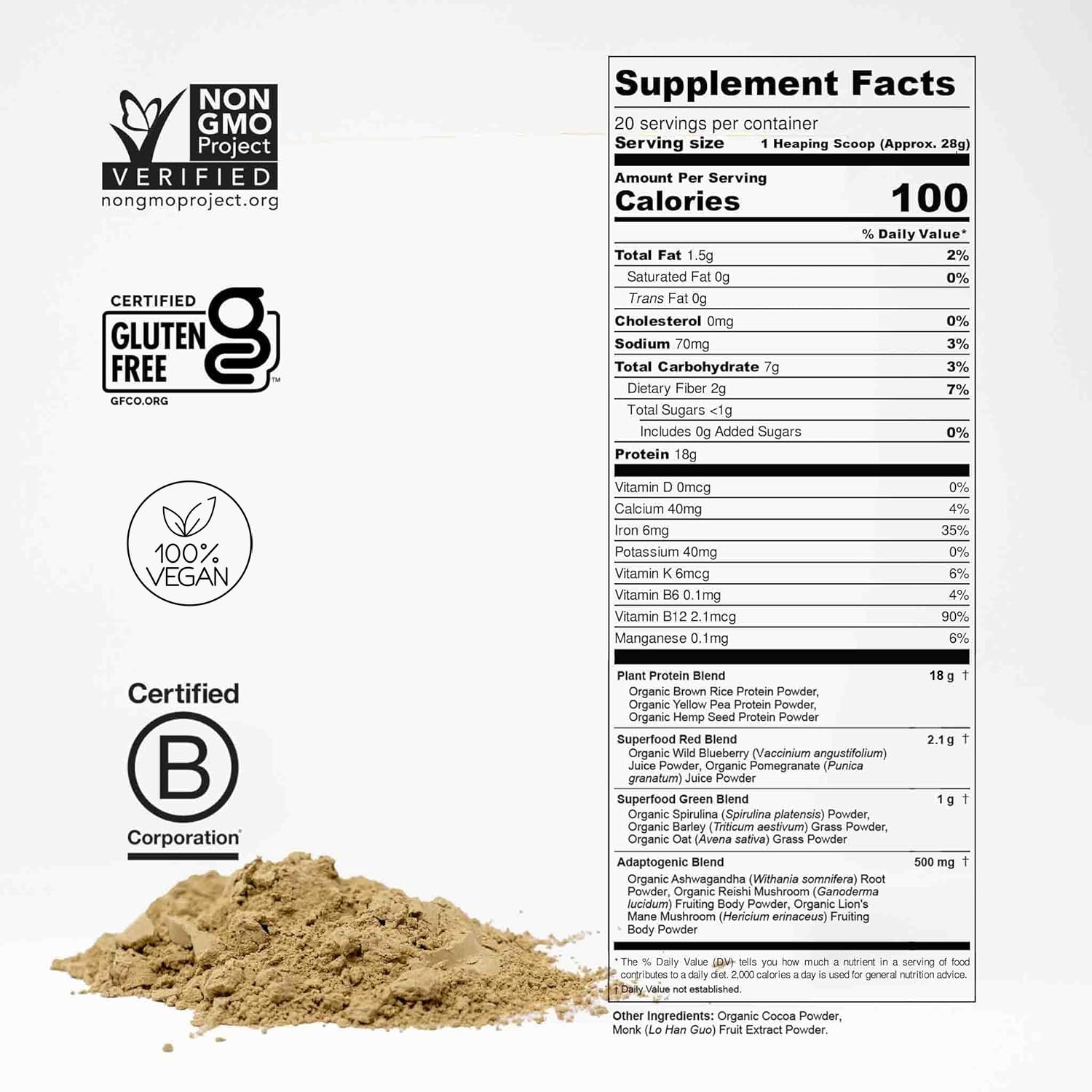 Organic Plant-Based Protein Powder with Superfoods (Ashwagandha, Reishi, Lions Mane) - 18g Vegan Chocolate Protein, Gluten Free, No Stevia or Sugar, 20 Servings | Supports Muscle Recovery, Energy Boost & Immune Health for Athletes & Active Lifestyles