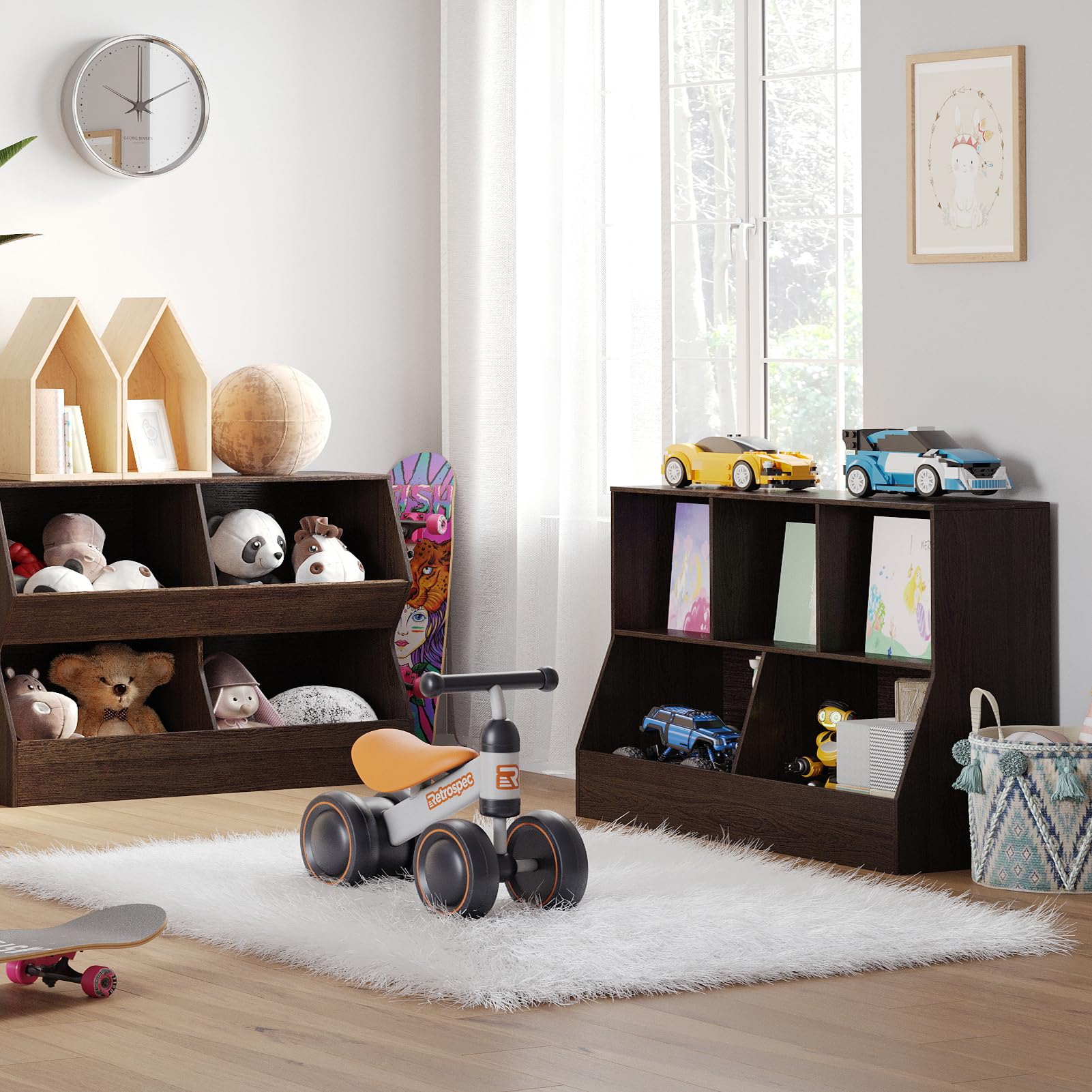 DINZI LVJ 5-Cubby Wooden Toy Storage Organizer & Kids Bookshelf - Espresso Toy Cabinet & Bookcase for Playroom, Bedroom, Nursery - 43.3