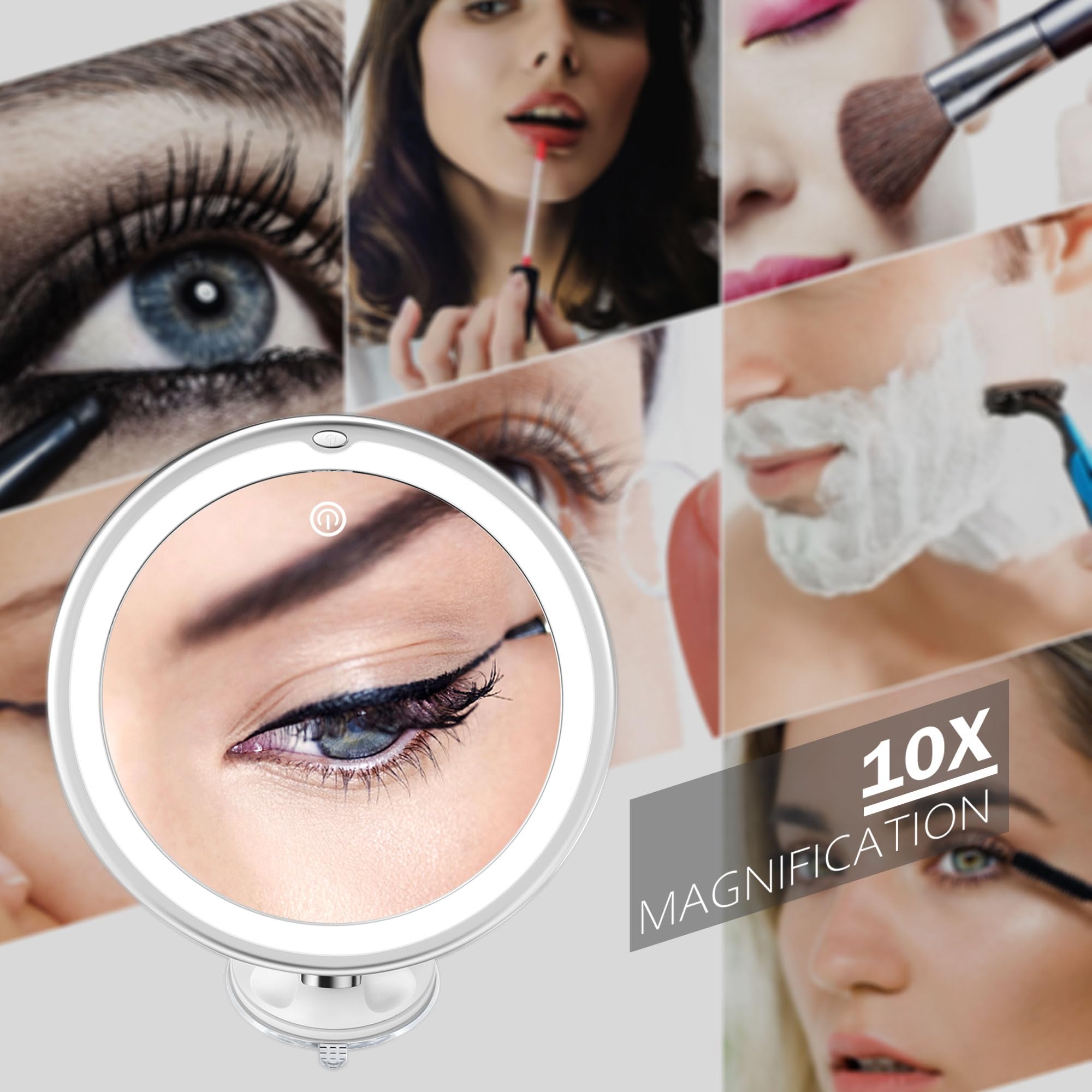 10x Magnifying Lighted Makeup Mirror with LED Lights, Suction Cups & 360° Swivel - Touch Control, 3 Light Modes - Perfect for Home, Bathroom Vanity, Travel & Professional Makeup Application