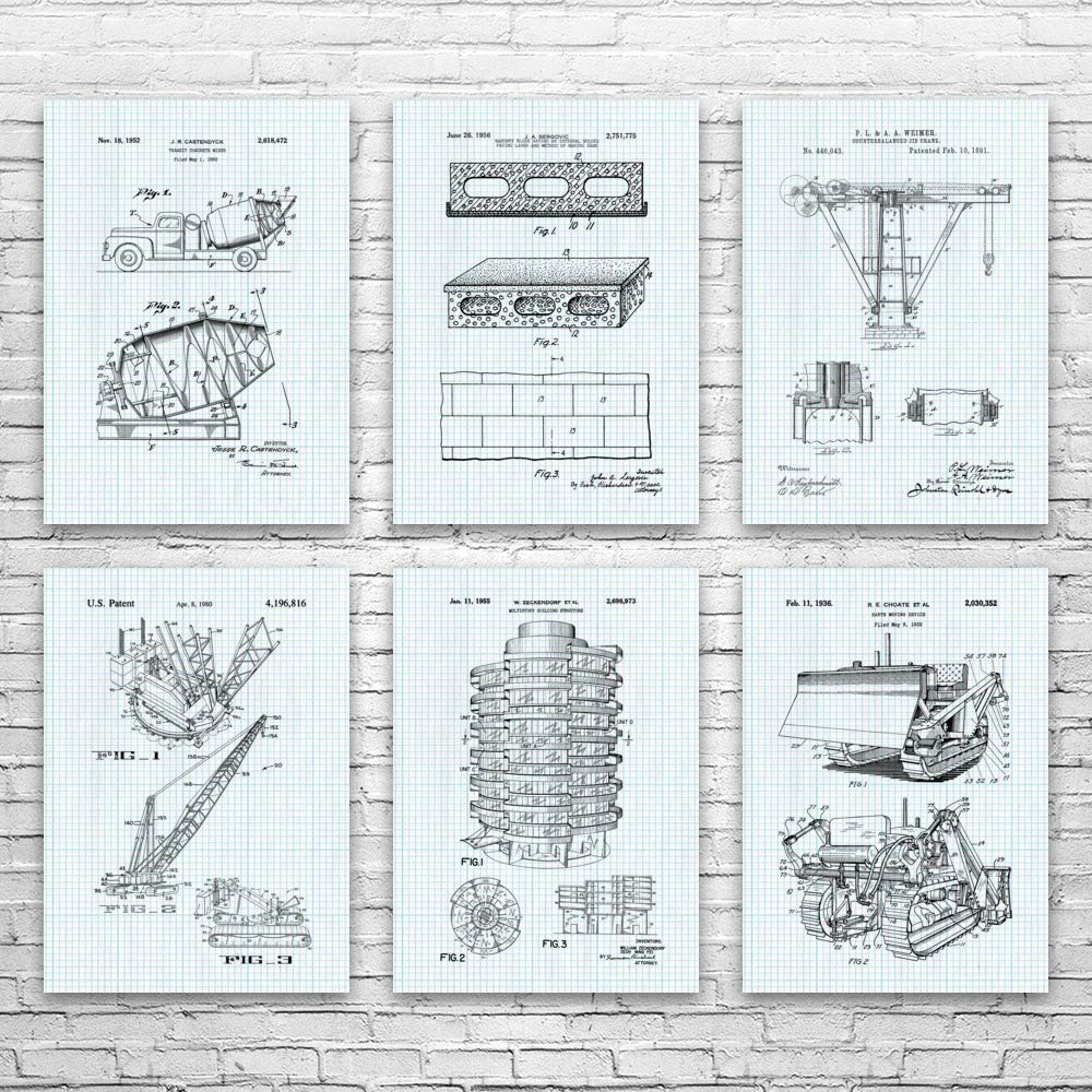 Construction Worker Posters Set of 6 - 16x20 Inch Blueprint & Graph Paper Wall Art for Builders, Contractors & DIY Enthusiasts - Perfect for Workshop Decor, Office Inspiration & Construction Gifts